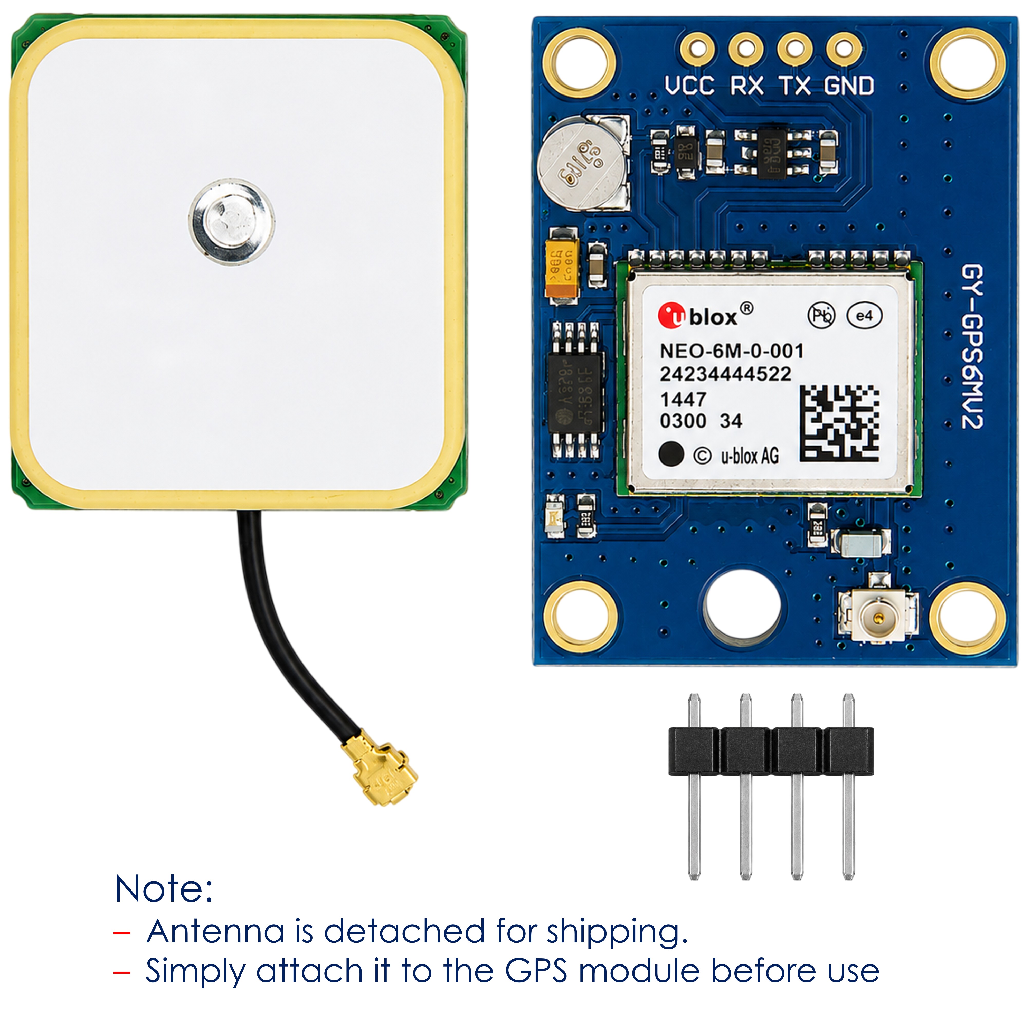 NEO-6M GPS module top view showing onboard backup battery and LED signal indicator