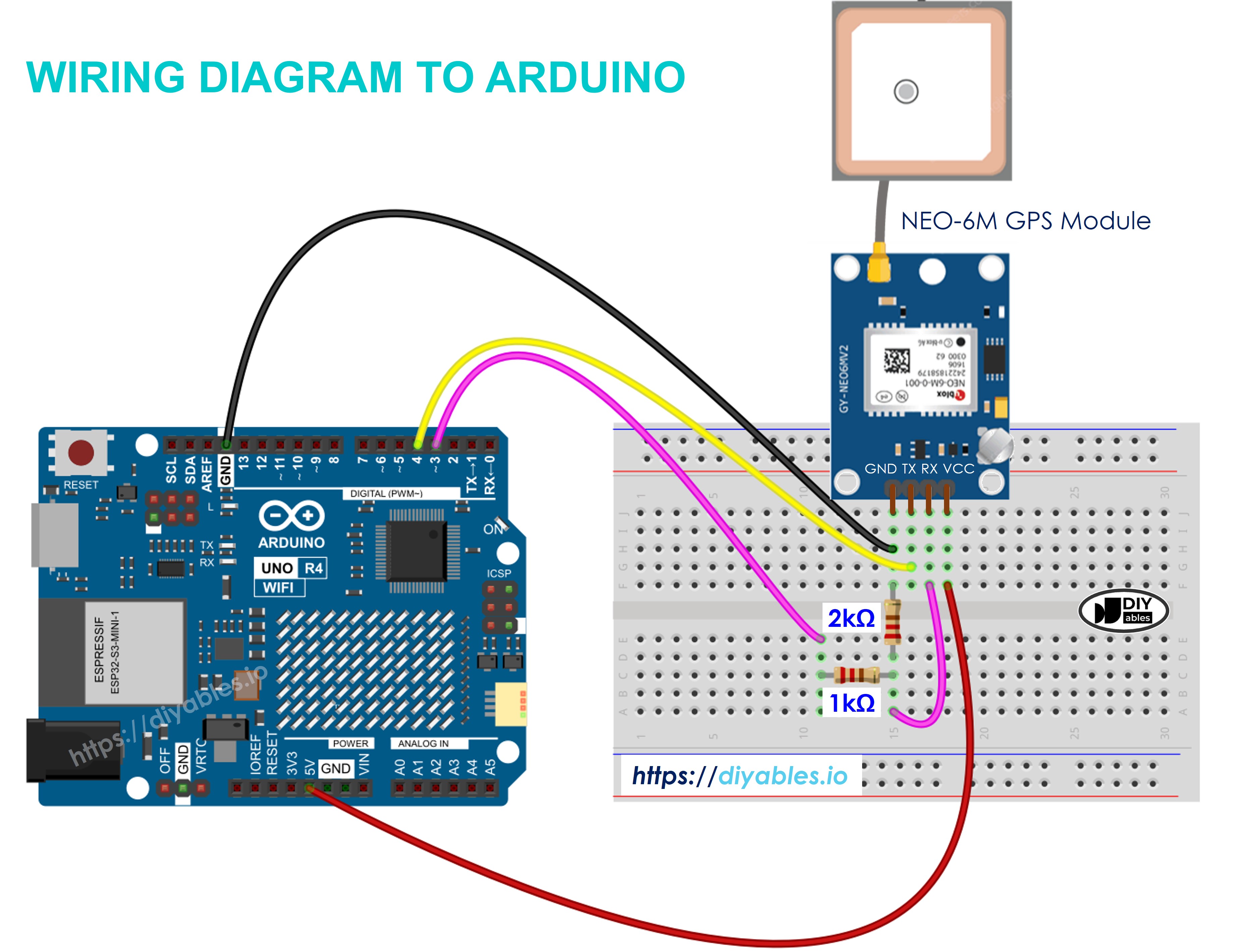 NEO-6M GPS module connected to Arduino board for satellite positioning project