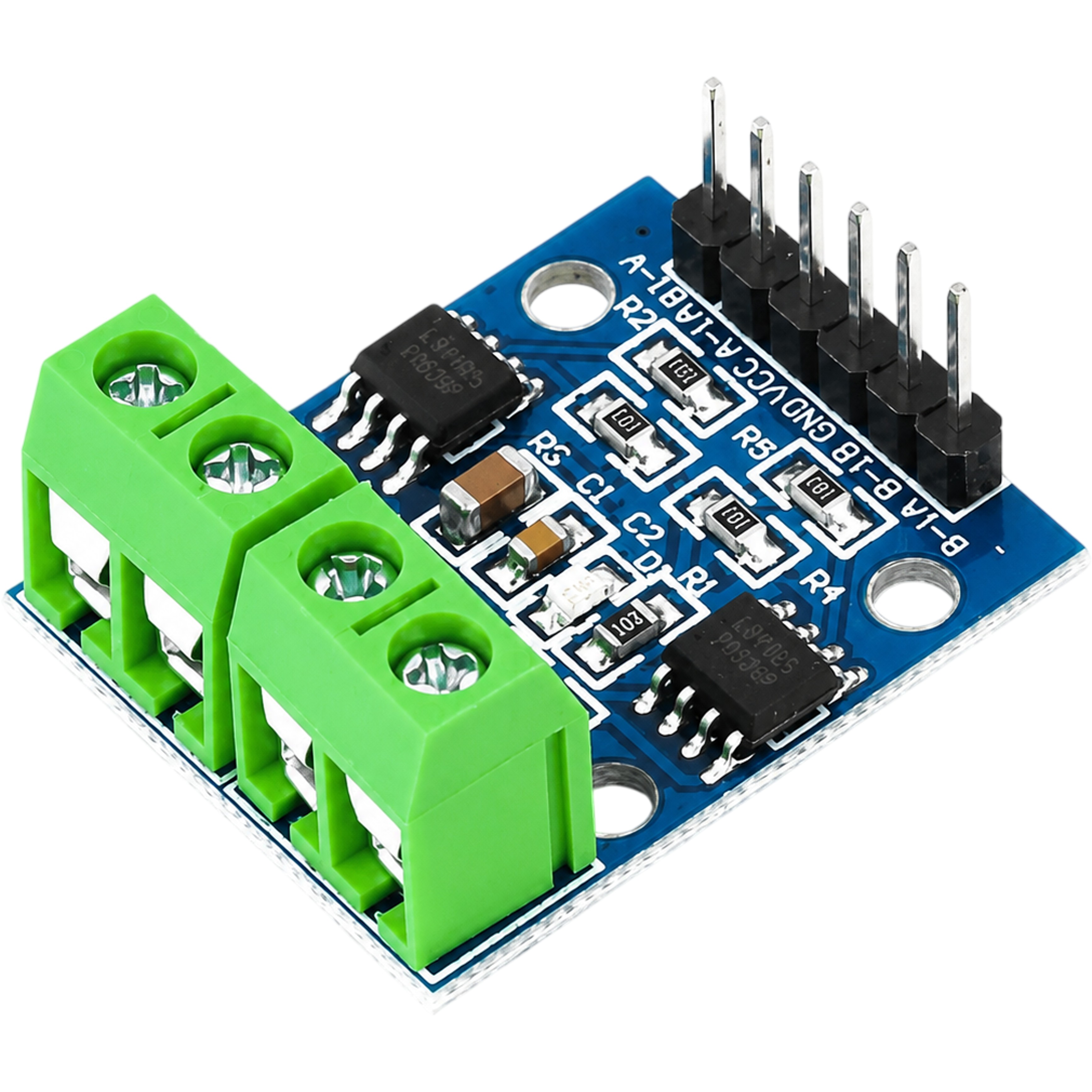 L9110S dual DC motor driver module top view with L9110S chips and terminal blocks