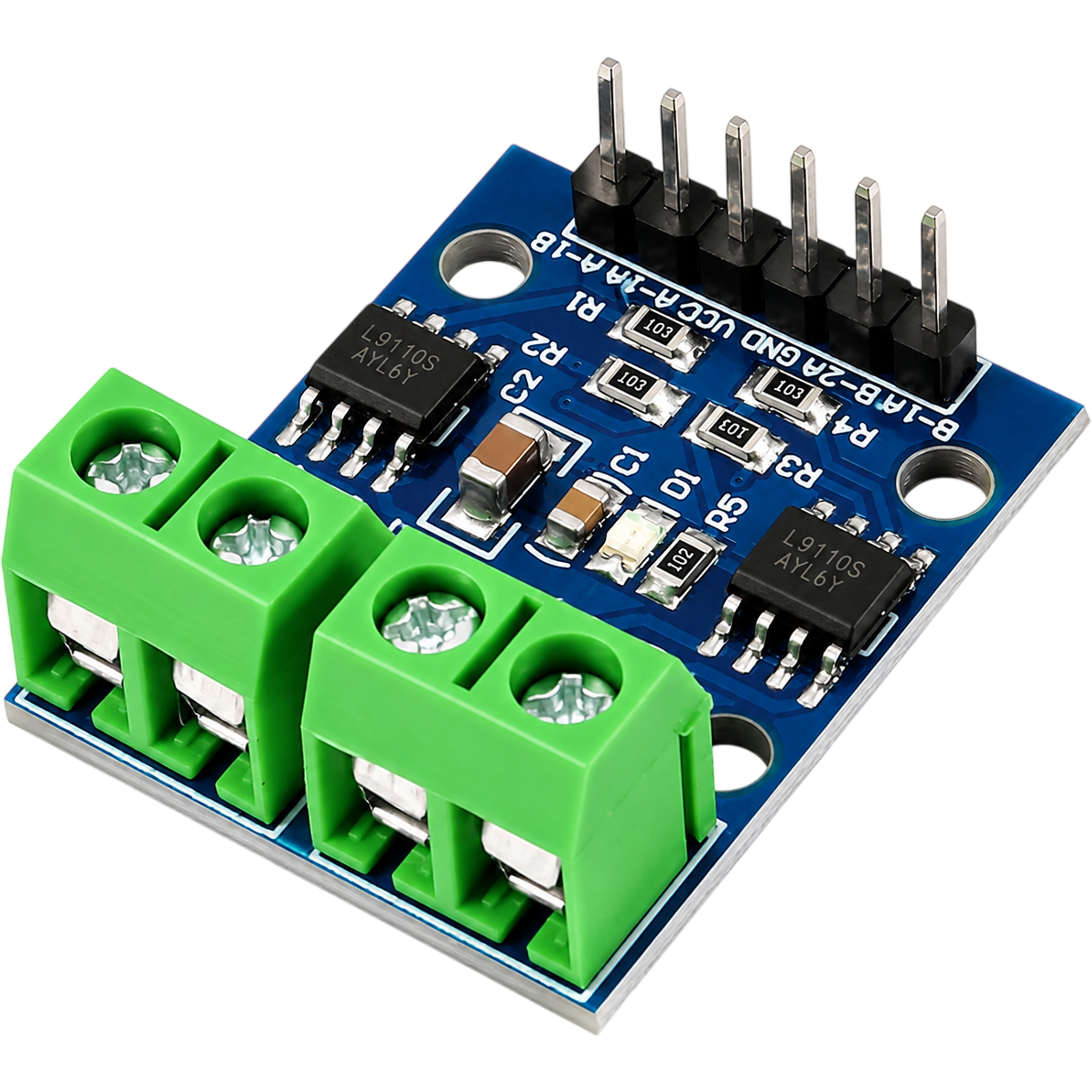 L9110S dual DC motor driver module angled view showing L9110S chip and pin headers