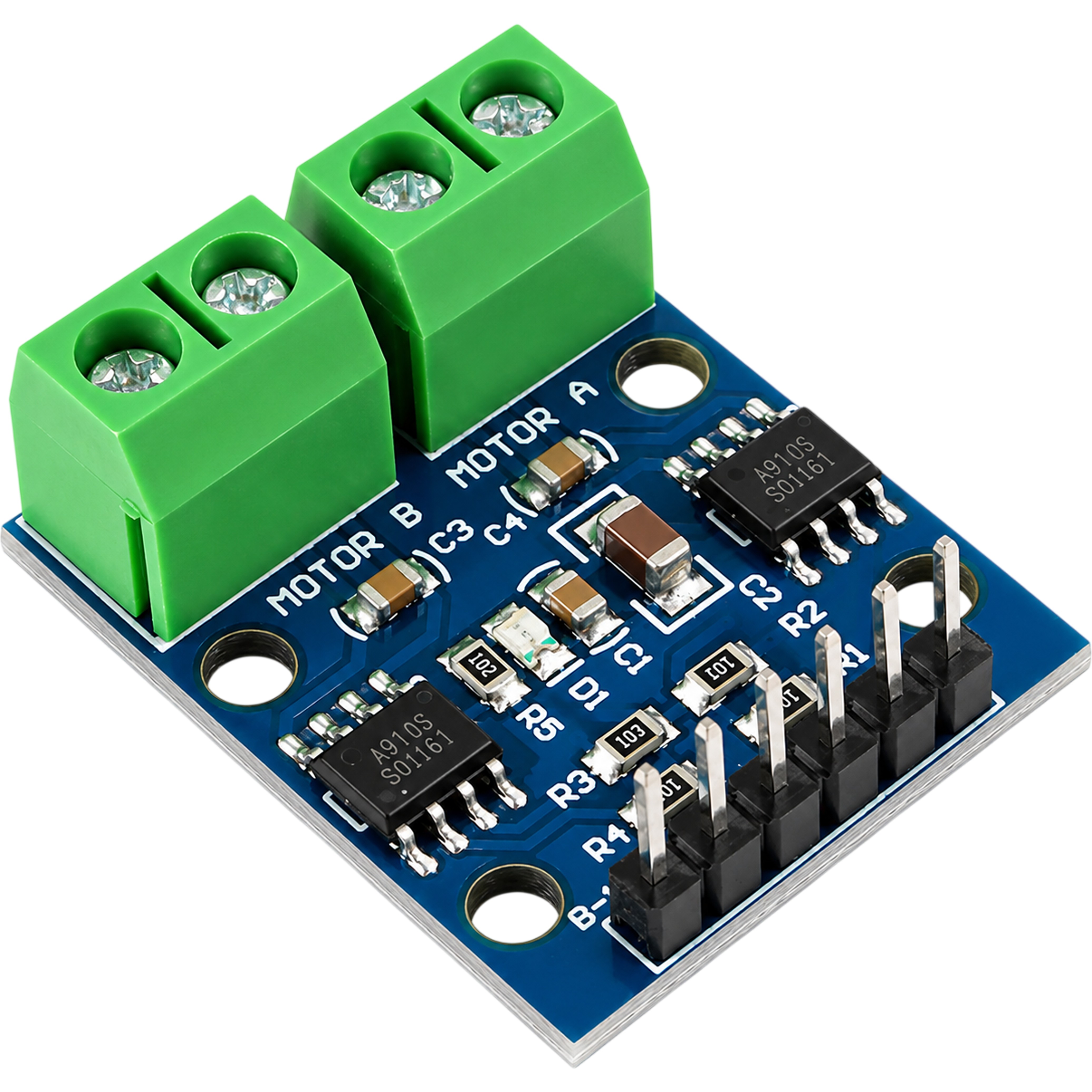 L9110S dual DC motor driver module top-down view with Motor A Motor B screw terminals