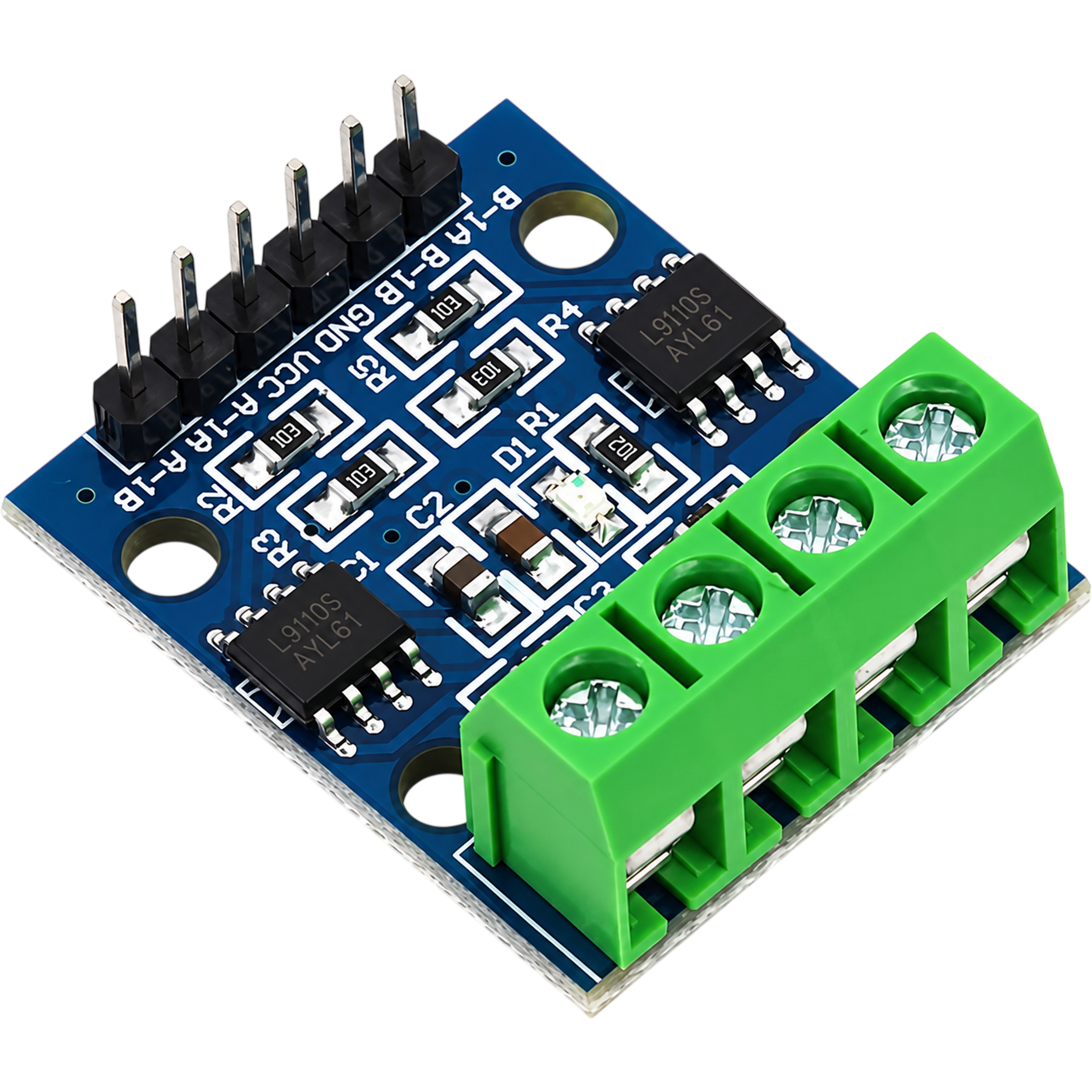 L9110S dual DC motor driver module showing A-1A A-1B B-1A B-1B VCC GND pin labels
