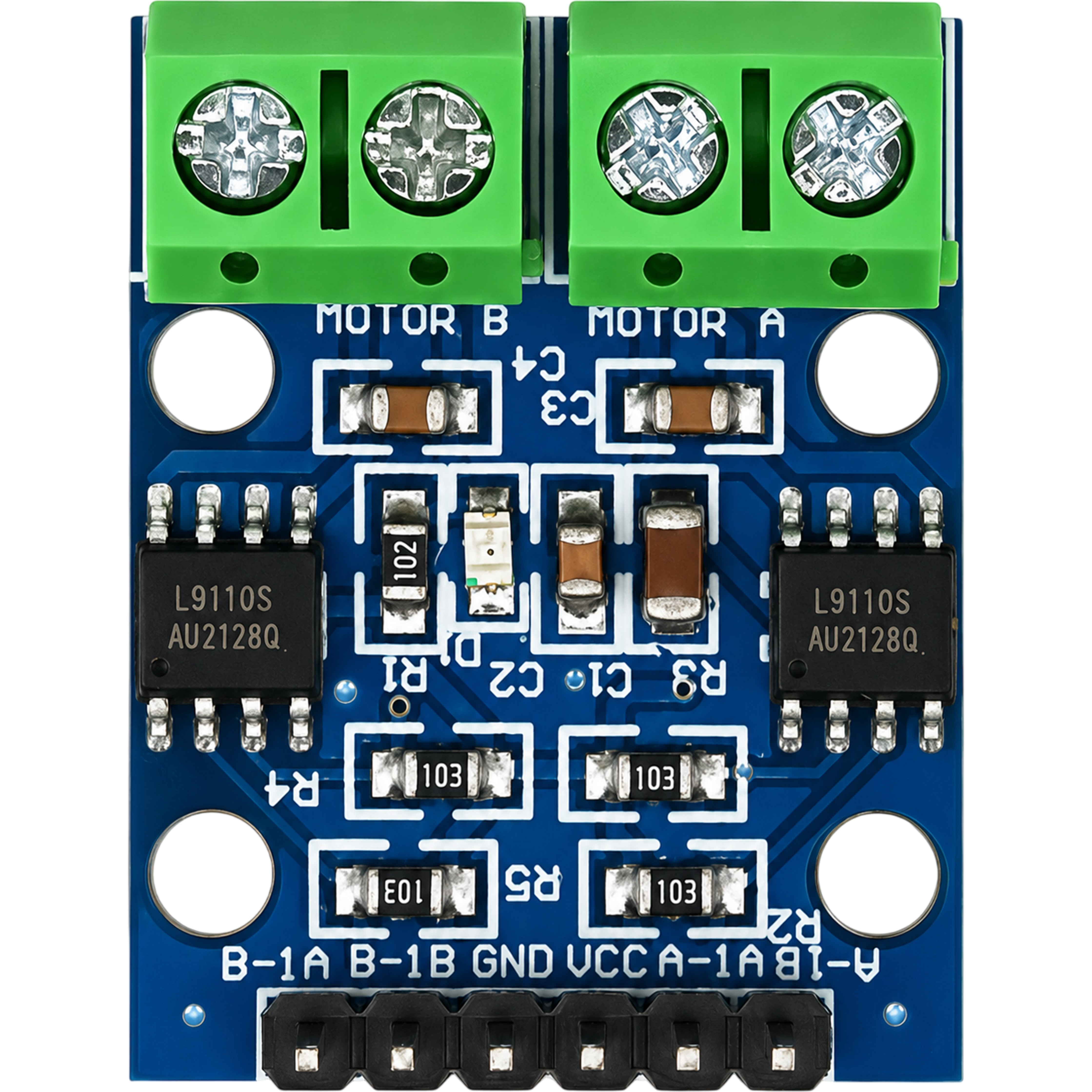 L9110S dual DC motor driver module pinout view with control pins and terminal blocks
