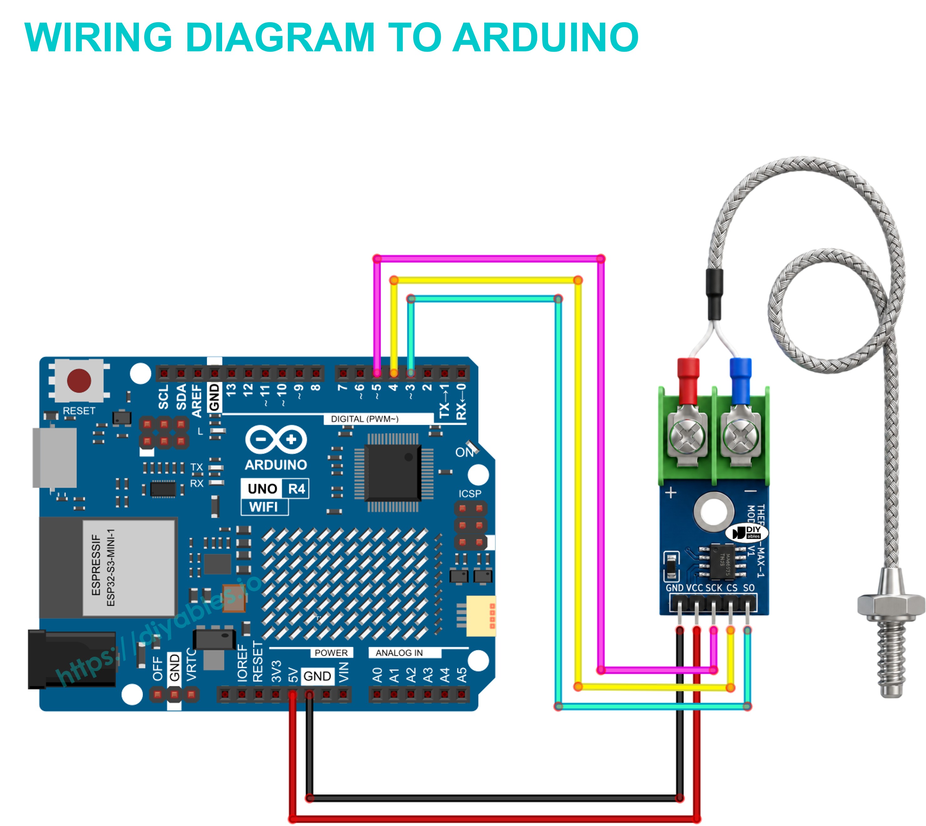 MAX6675 thermocouple module wiring diagram connected to Arduino board