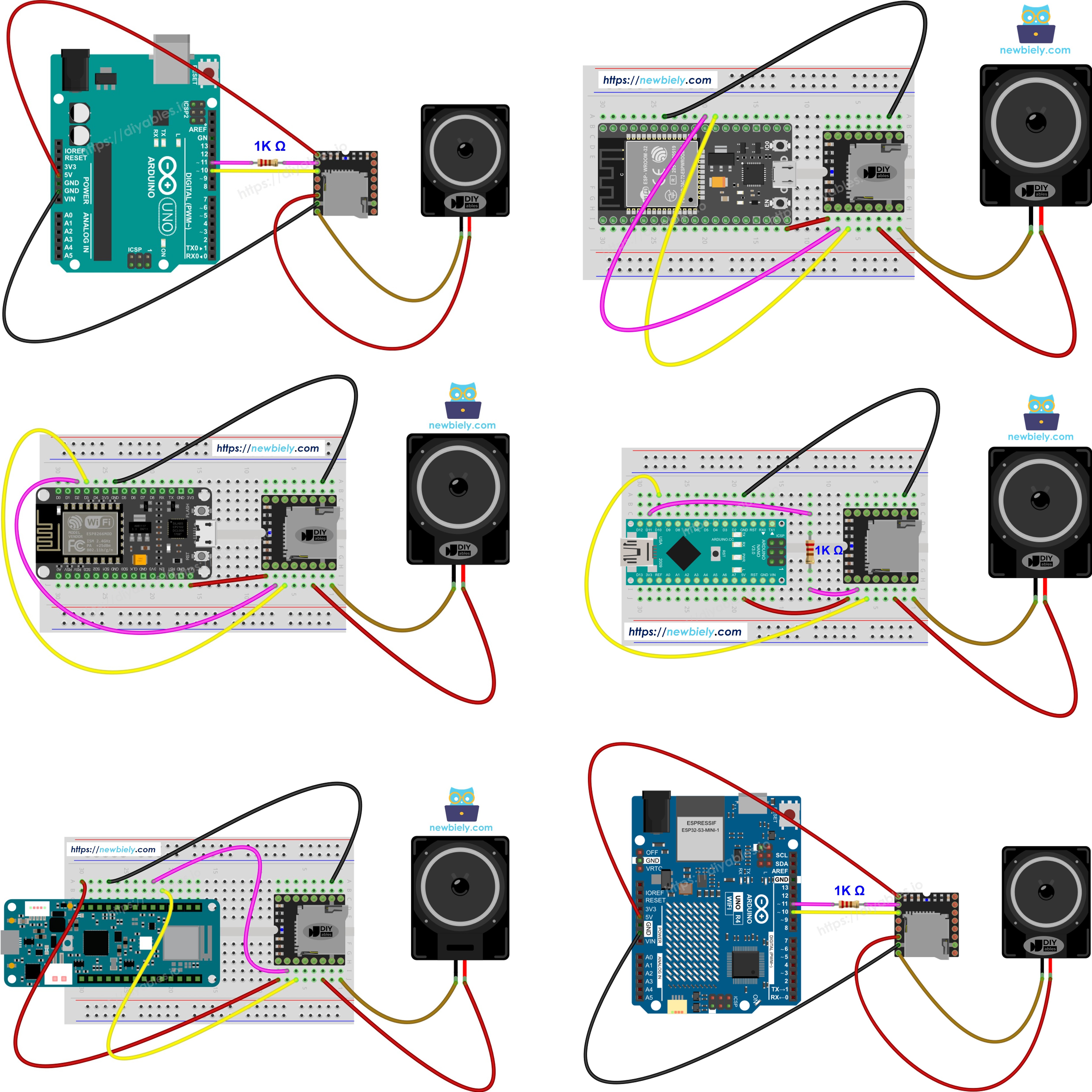 DIYables mini MP3 player module wiring diagram showing UART connections between Arduino, ESP32, and ESP8266 microcontrollers with power supply and speaker output terminals