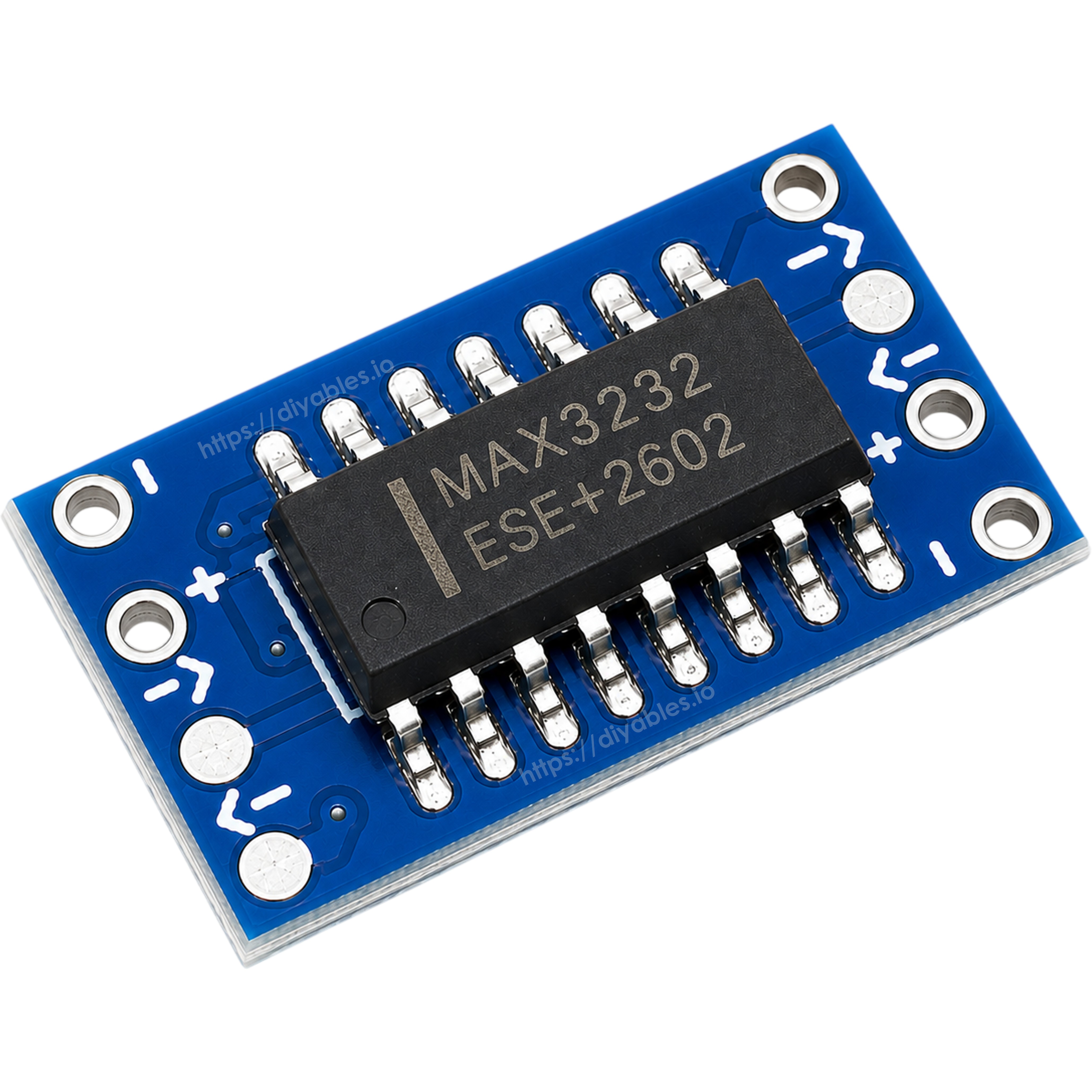 RS232 to TTL level converter module angled view showing solder pads and IC