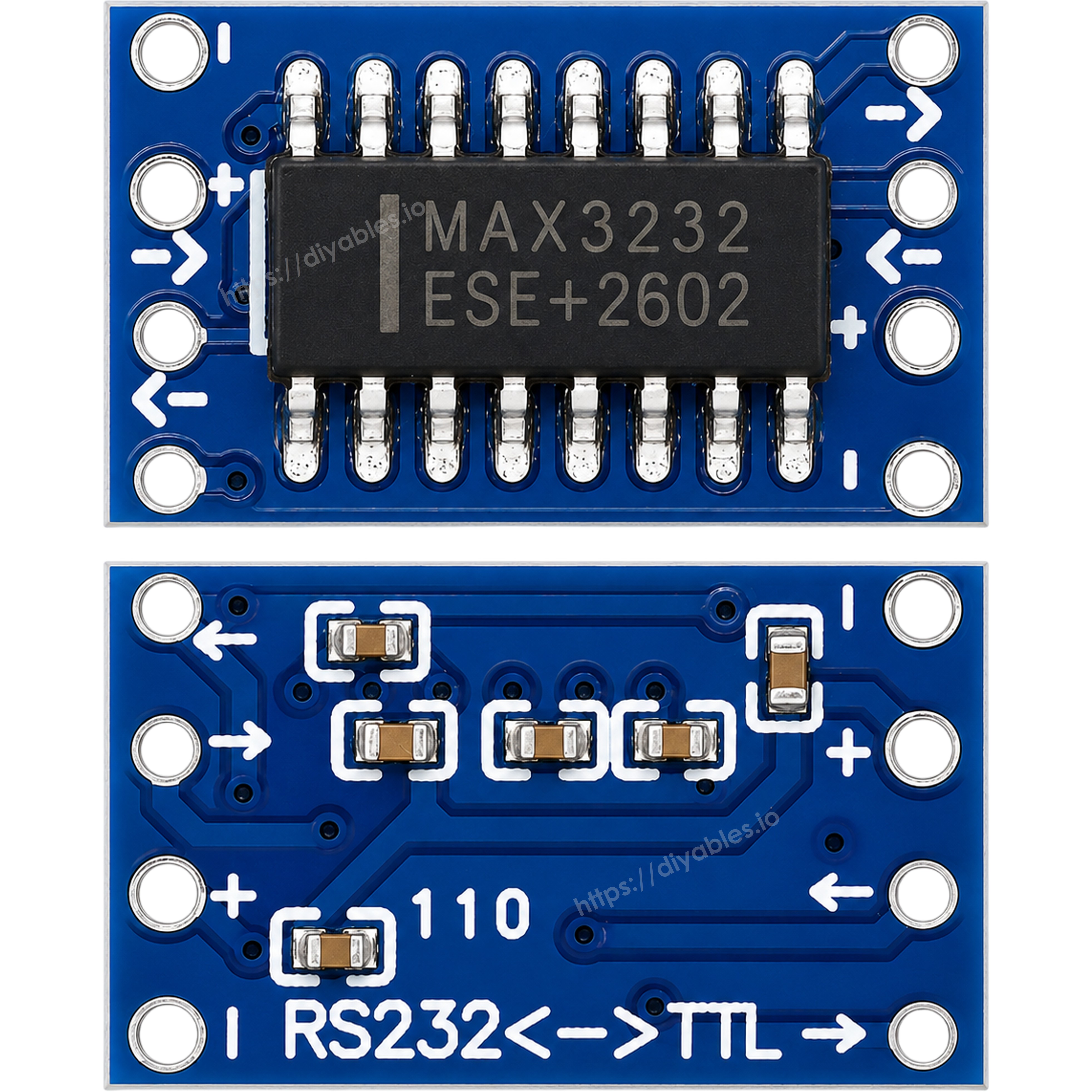 RS232 to TTL level converter module front and back view with RS232 TTL pin labels