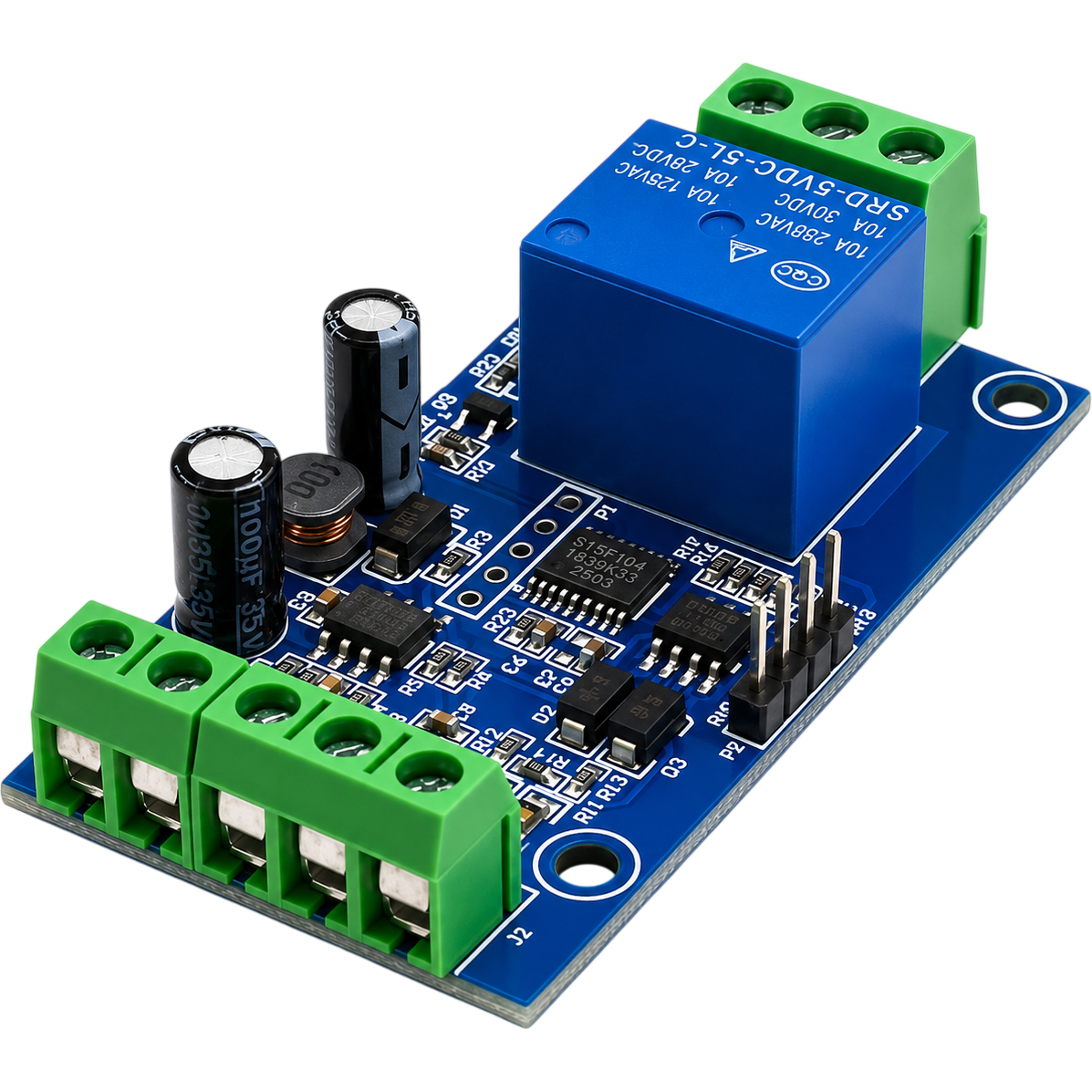 RS485 Modbus RTU relay module angled view showing relay chip and terminals