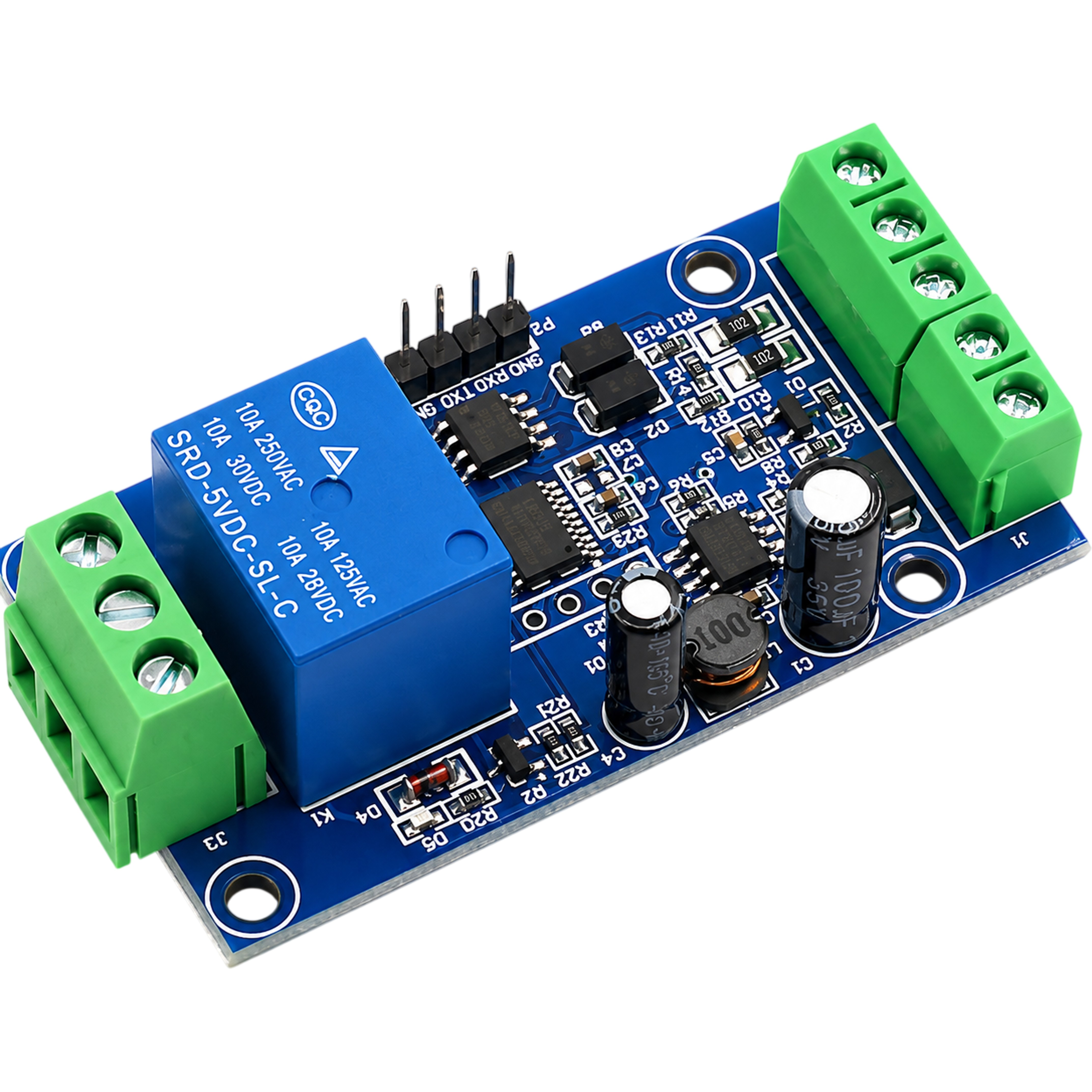RS485 Modbus RTU relay module other angle showing RS485 and TTL UART pins