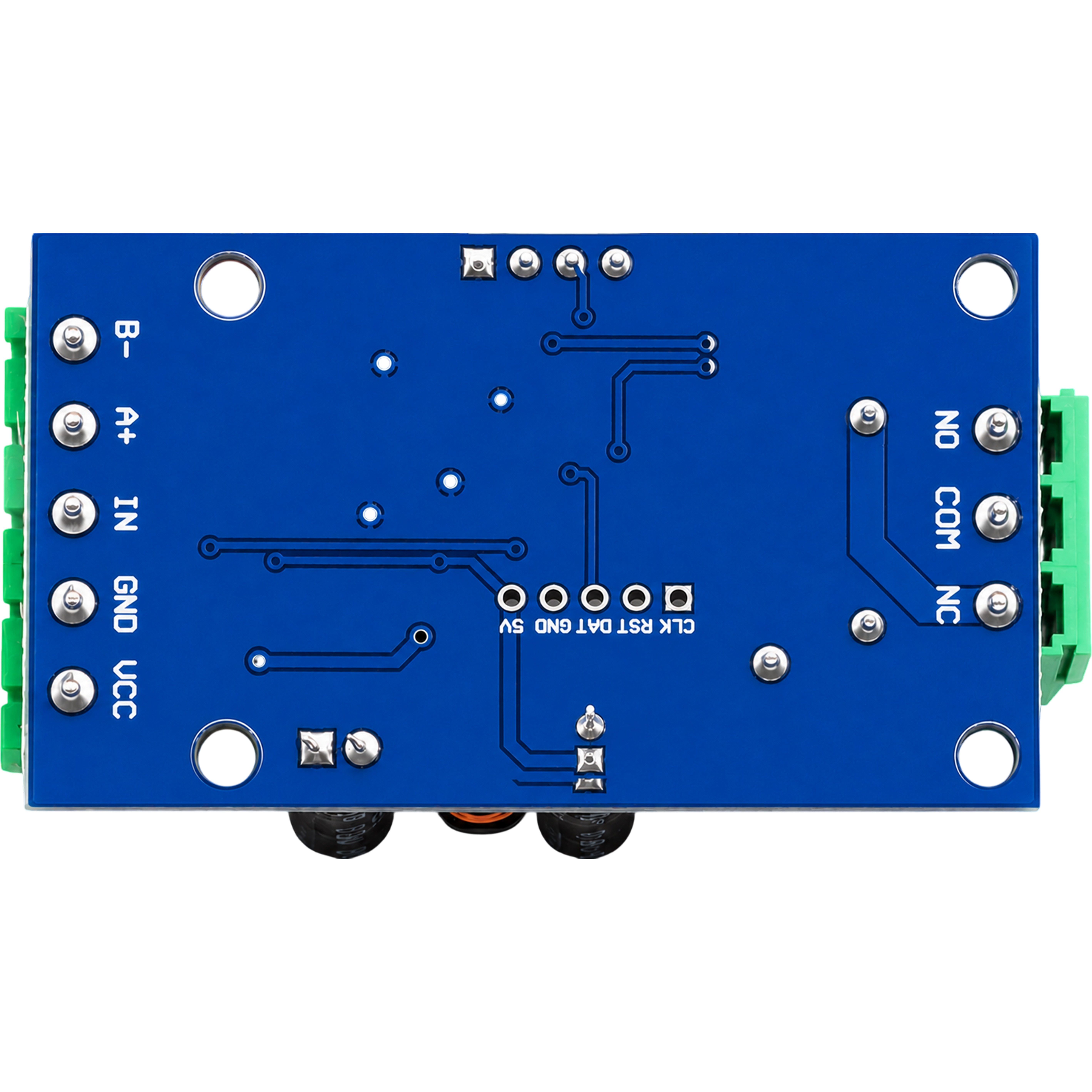 RS485 Modbus RTU relay module back view showing A+ B- IN GND VCC NO COM NC pin labels