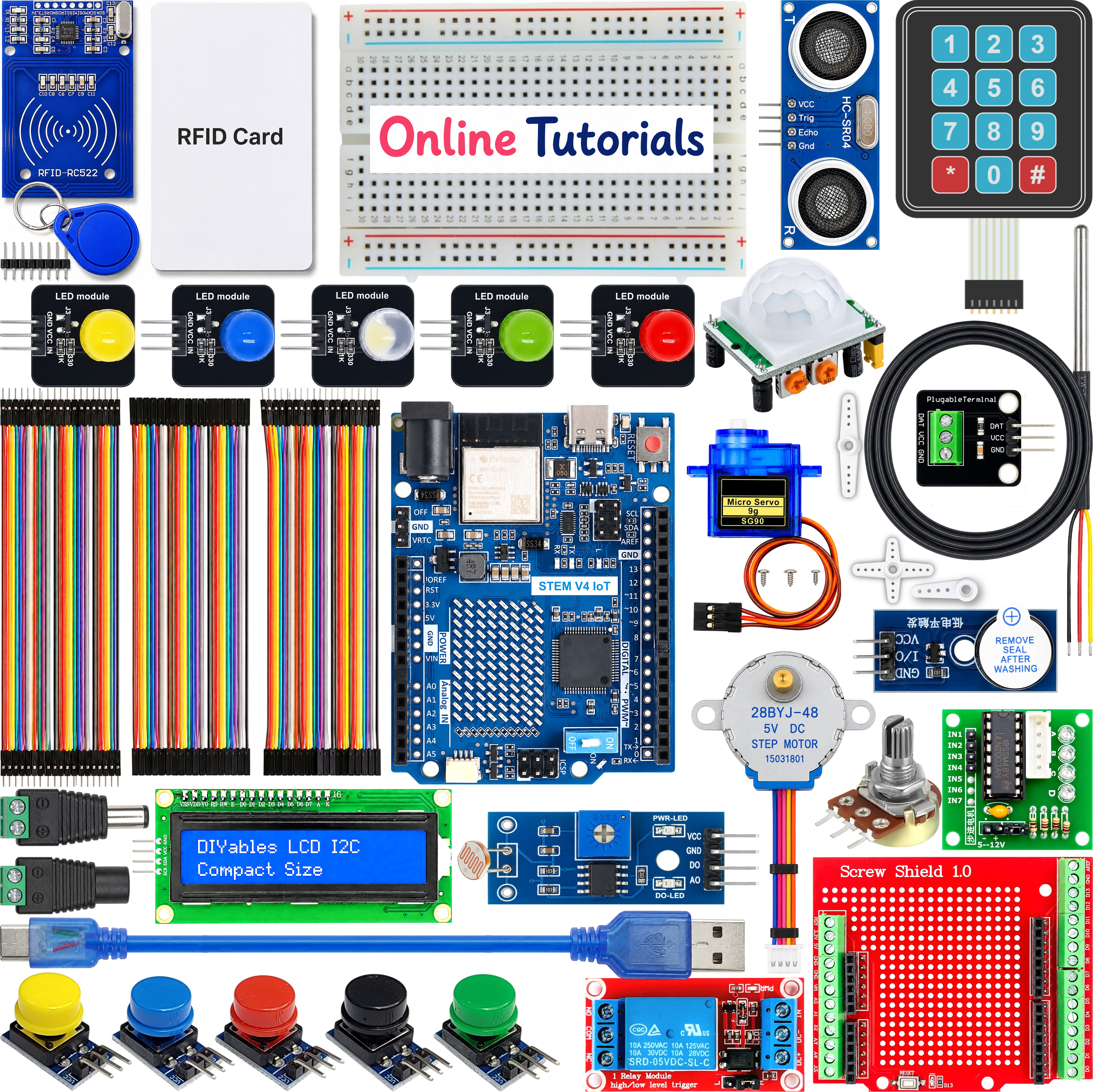DIYables STEM V4 IoT starter kit compatible with Arduino Uno R4 WiFi with all components laid out