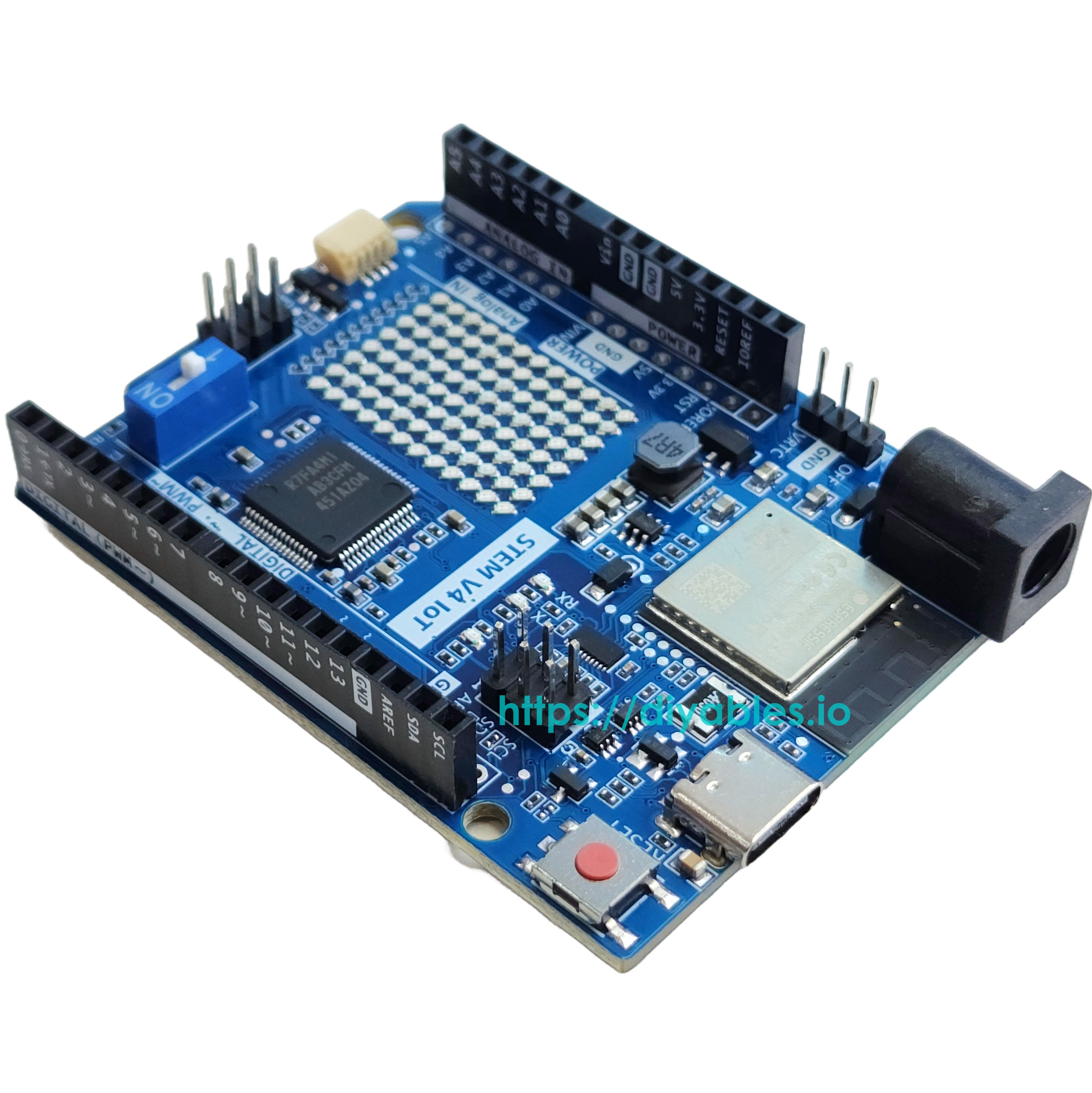 Arduino R4 WiFi compatible board pinout diagram showing all GPIO and interfaces