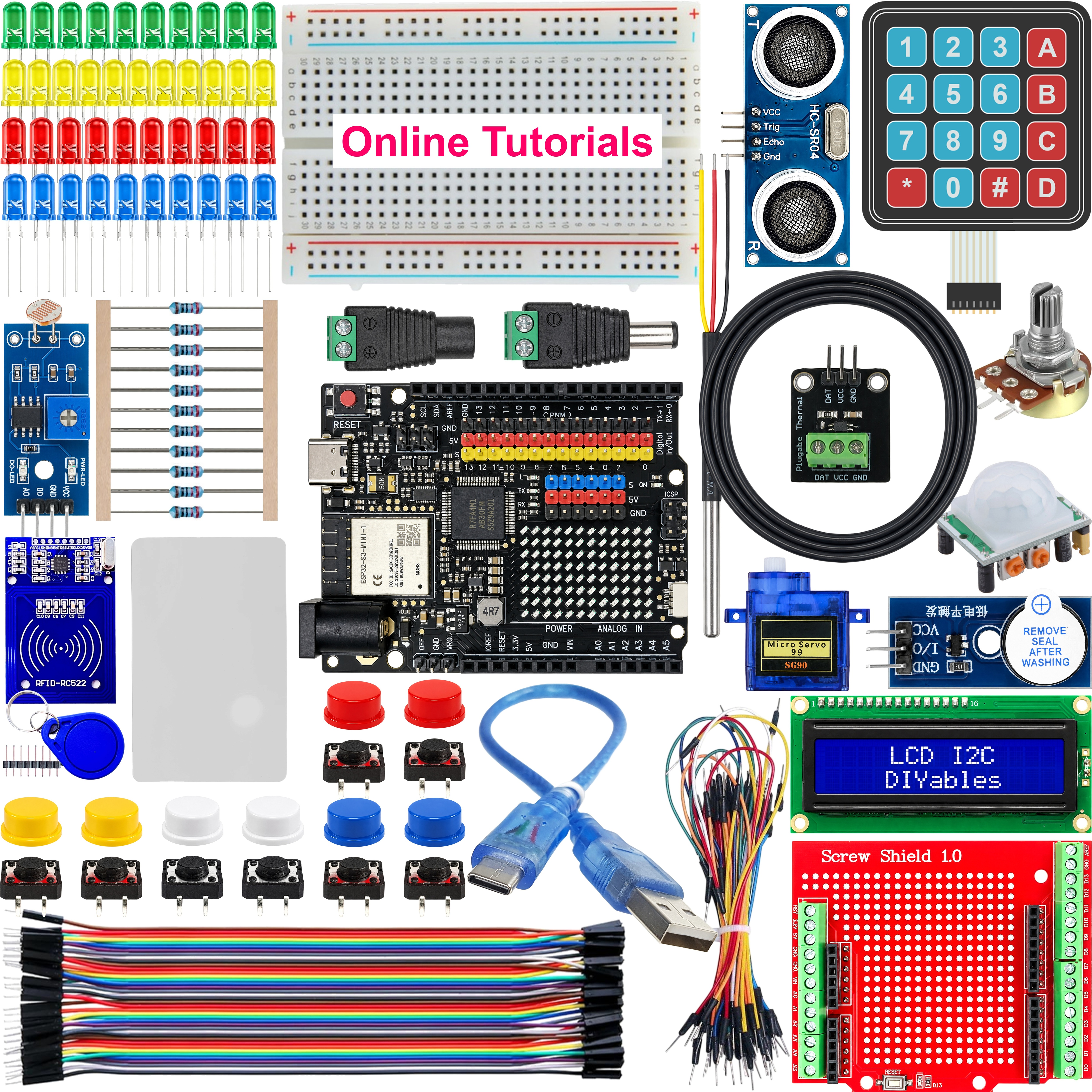 DIYables STEM V4B IoT starter kit full component layout with online tutorials label across the breadboard