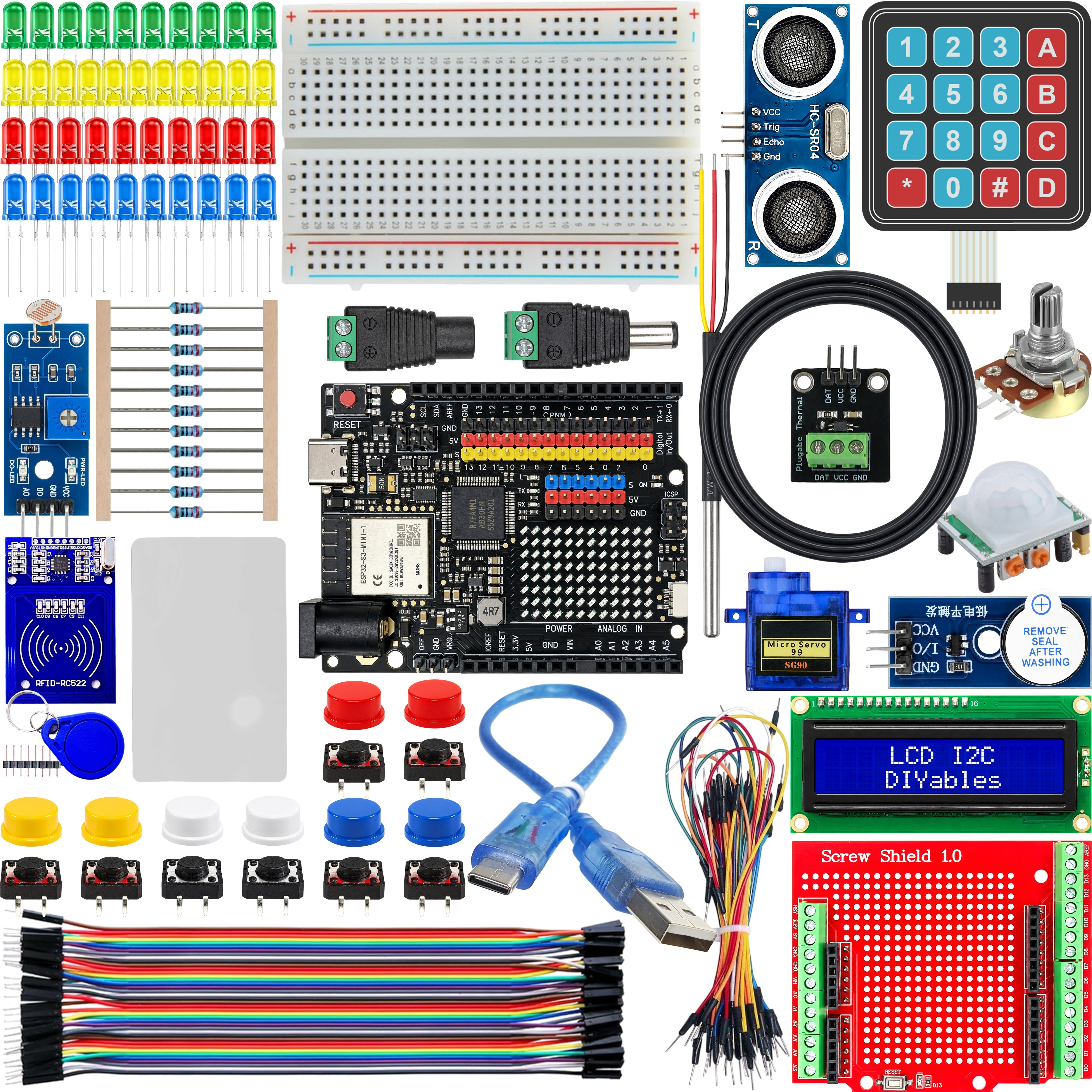 All STEM V4B kit parts laid out including UNO R4 compatible board breadboard LEDs resistors and sensor modules