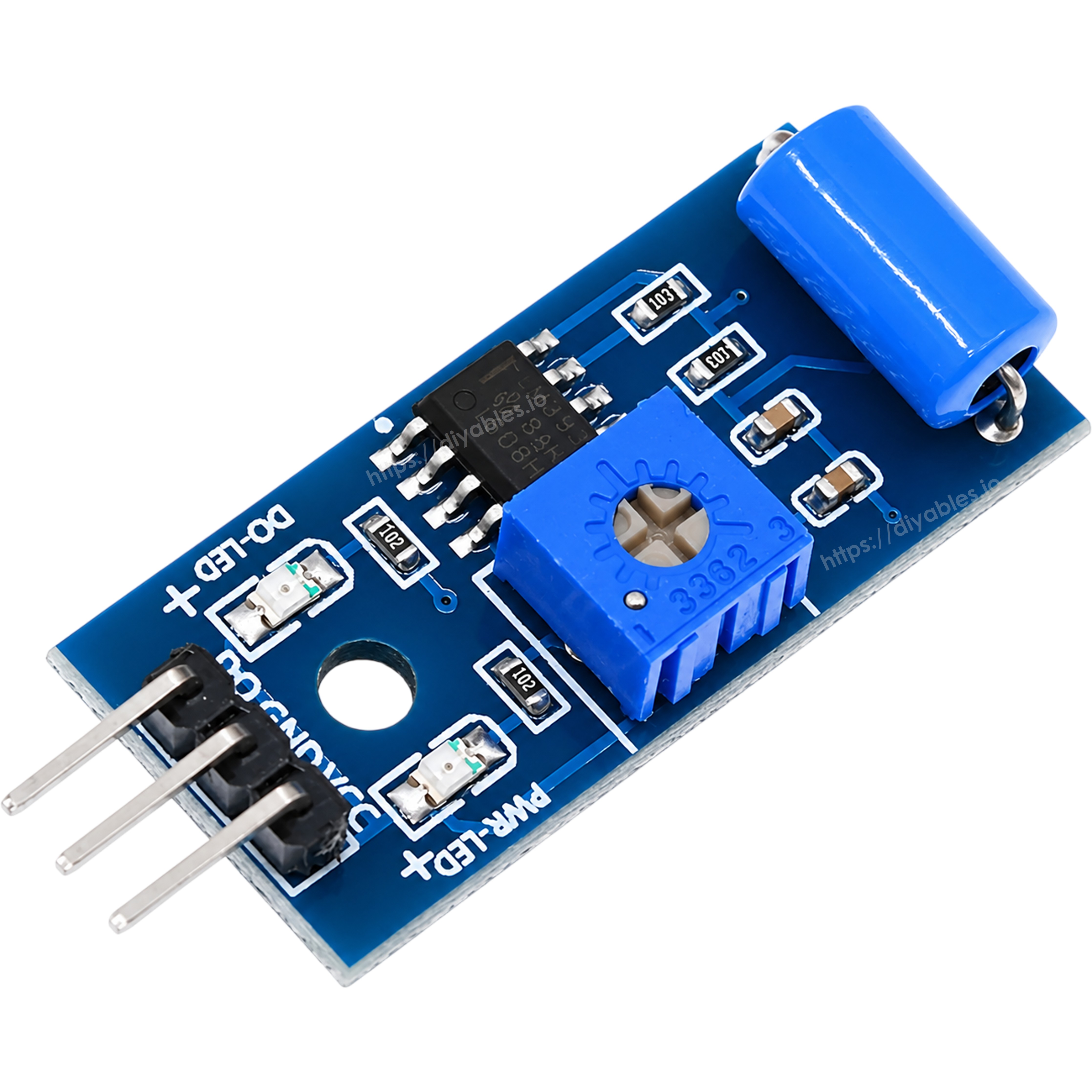 SW-420 vibration sensor module reverse angle showing LED indicators and pins