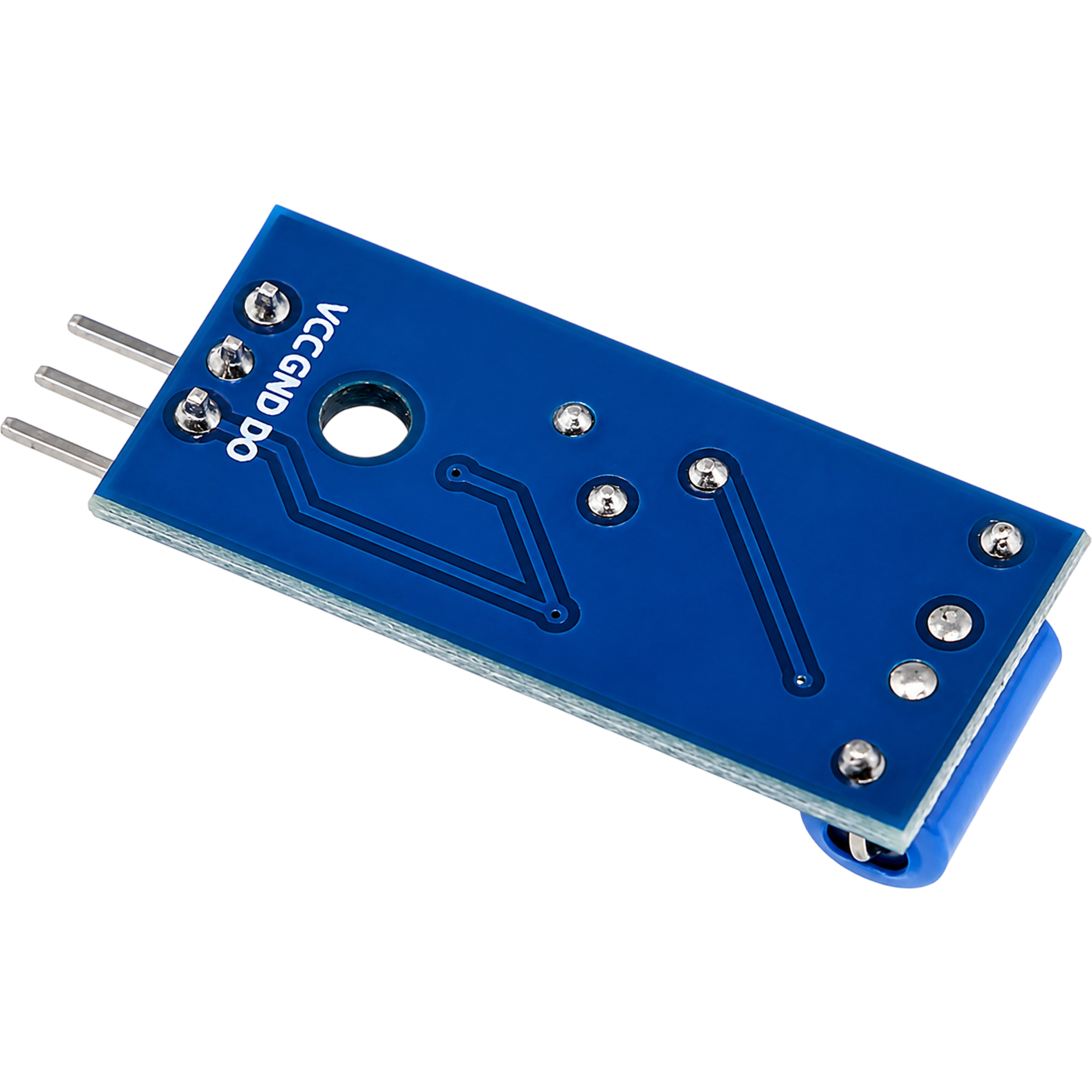 SW-420 vibration sensor module back view showing PCB pads and pin labels