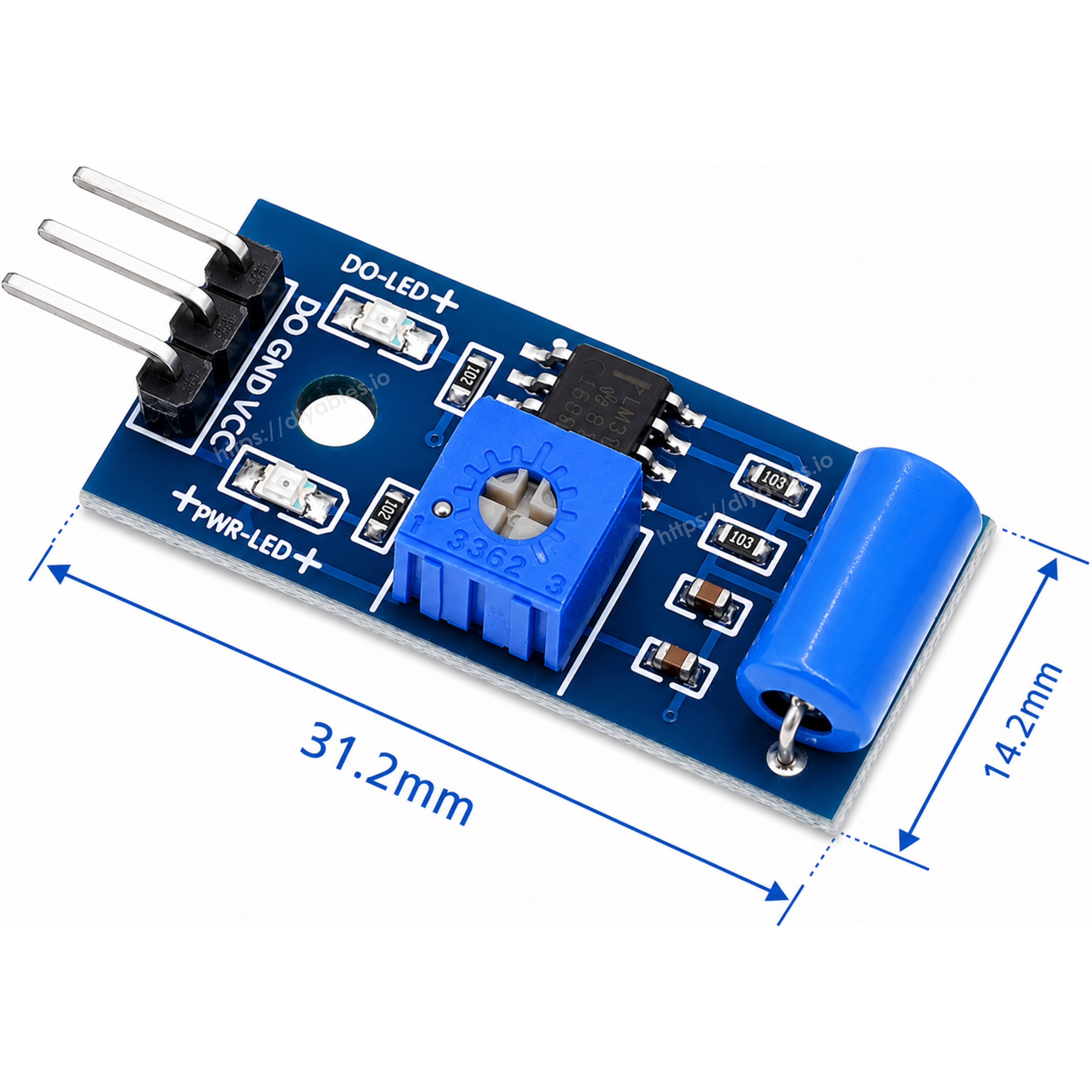 SW-420 vibration sensor module dimensions 31.2mm x 14.2mm with mounting hole