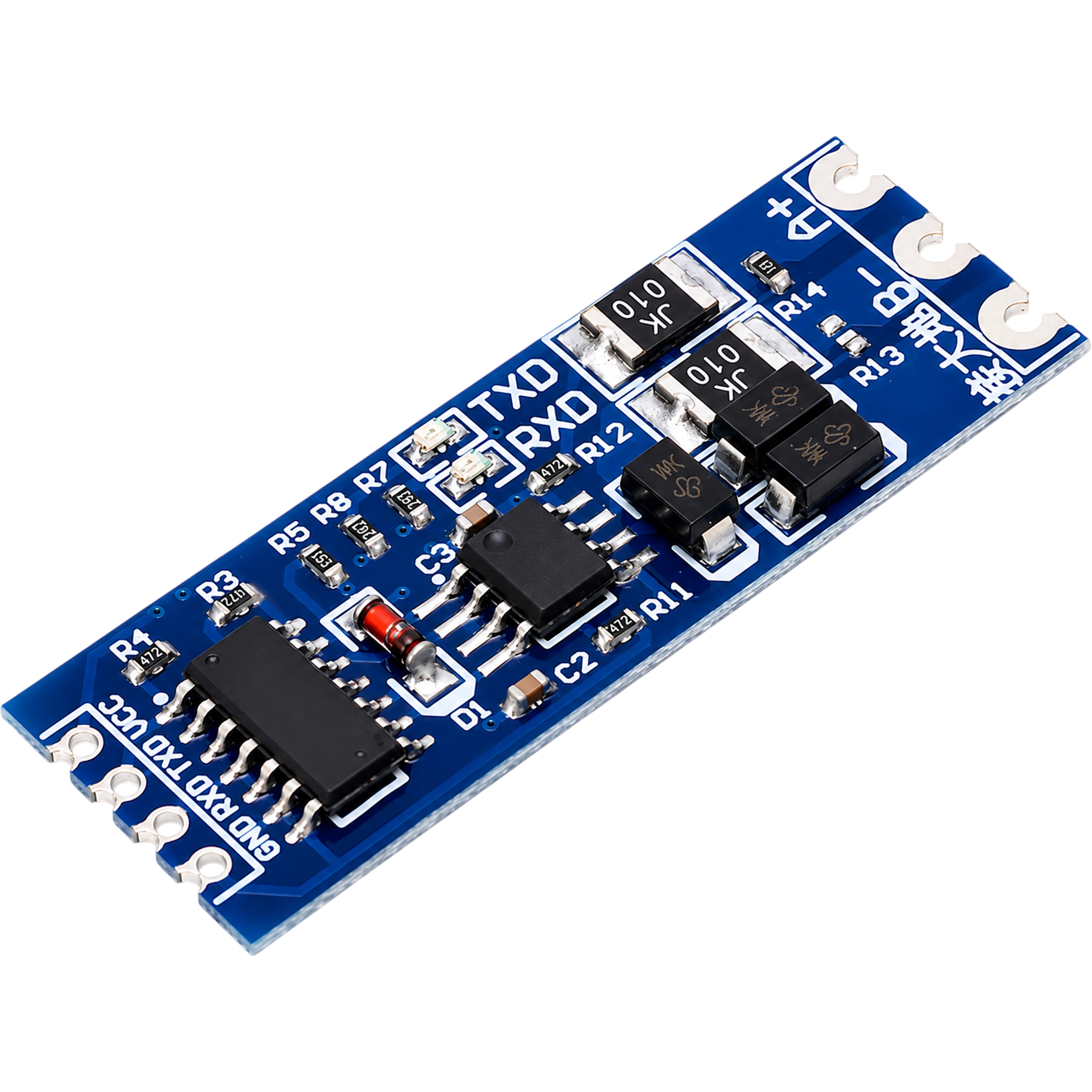 TTL to RS485 converter module angled view showing RXD TXD LED indicators