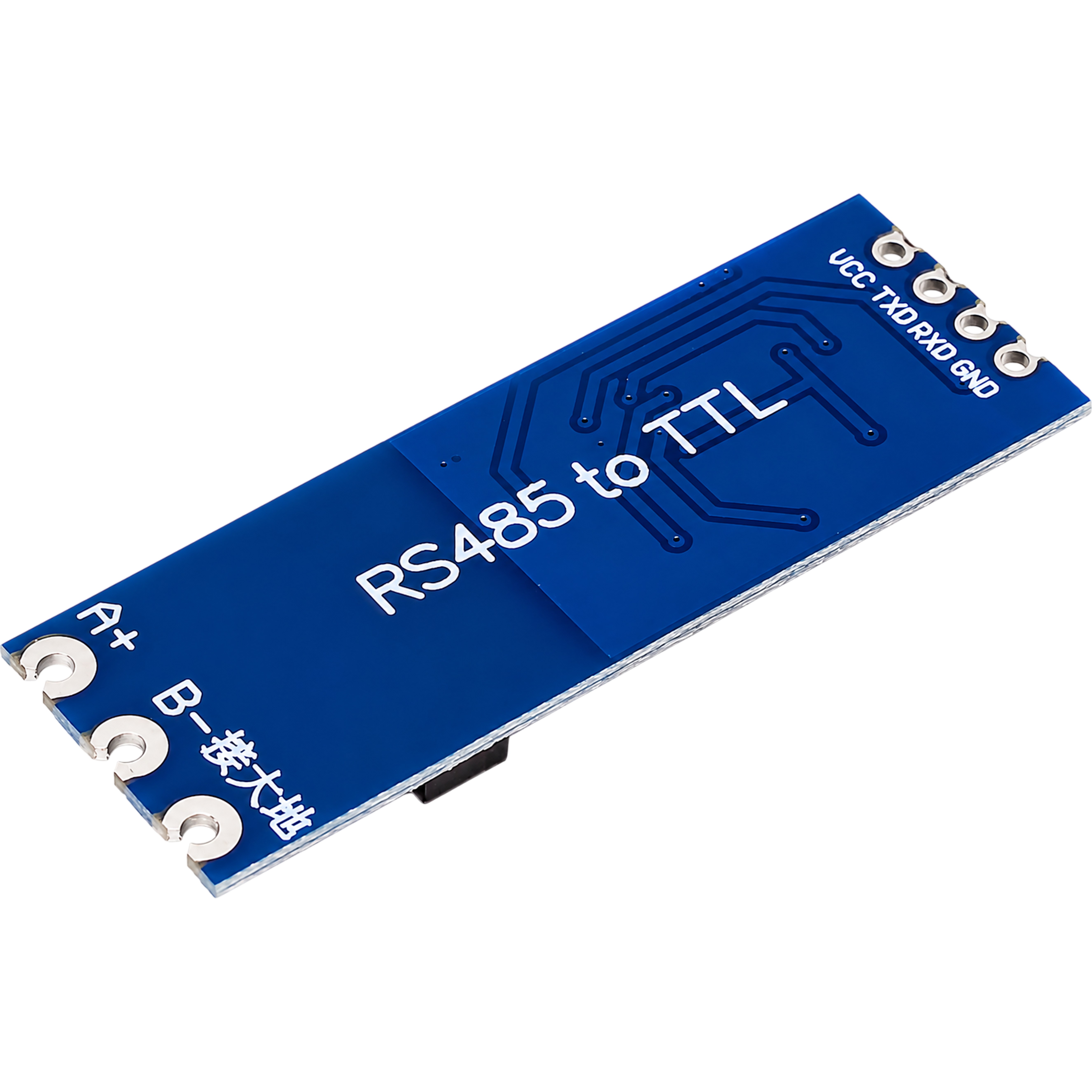 TTL to RS485 converter module back view labeled RS485 to TTL with pin names