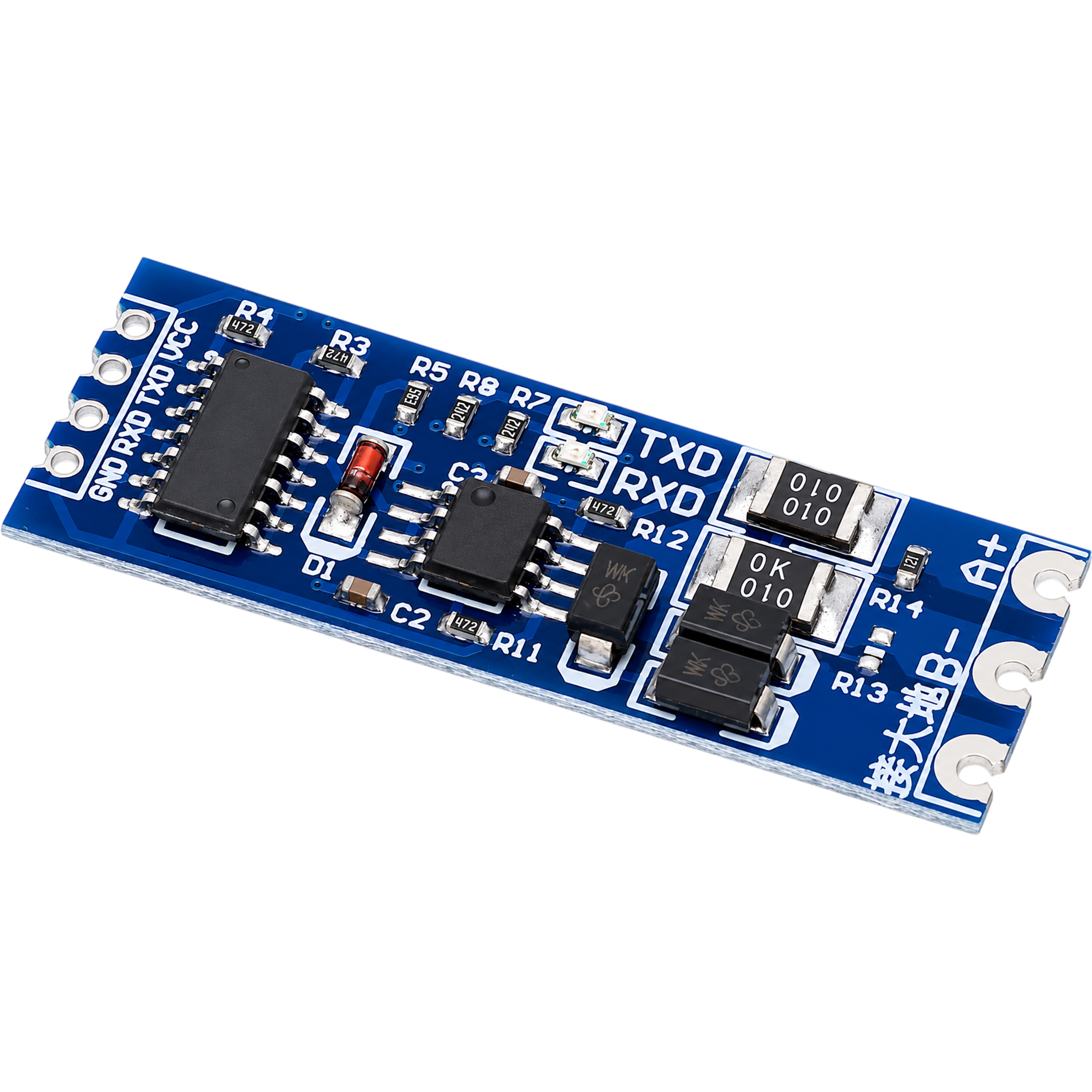 TTL to RS485 converter module close-up showing UART chip and protection diodes