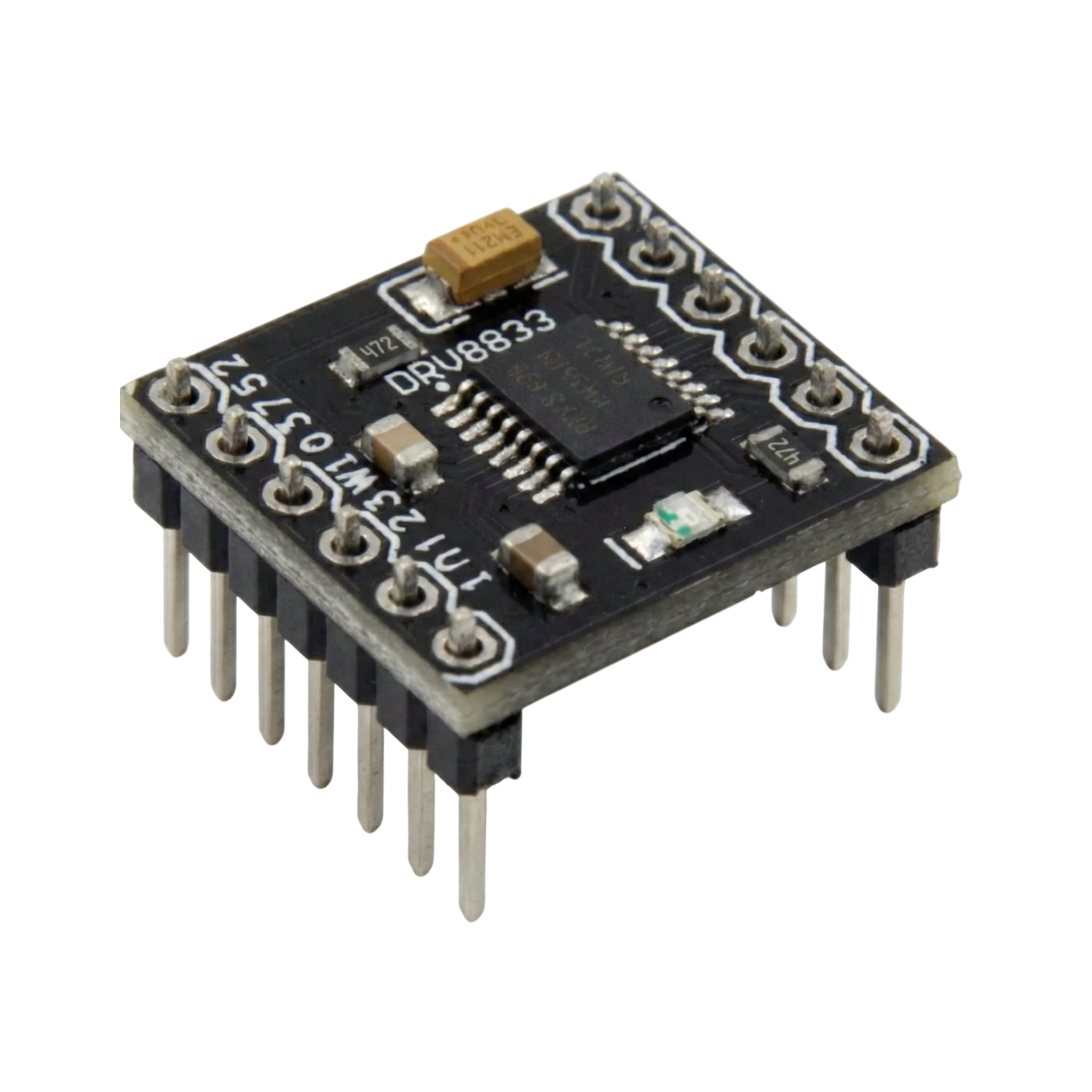 DRV8833 Motor Driver with presoldered header pins and dual H-bridge configuration
