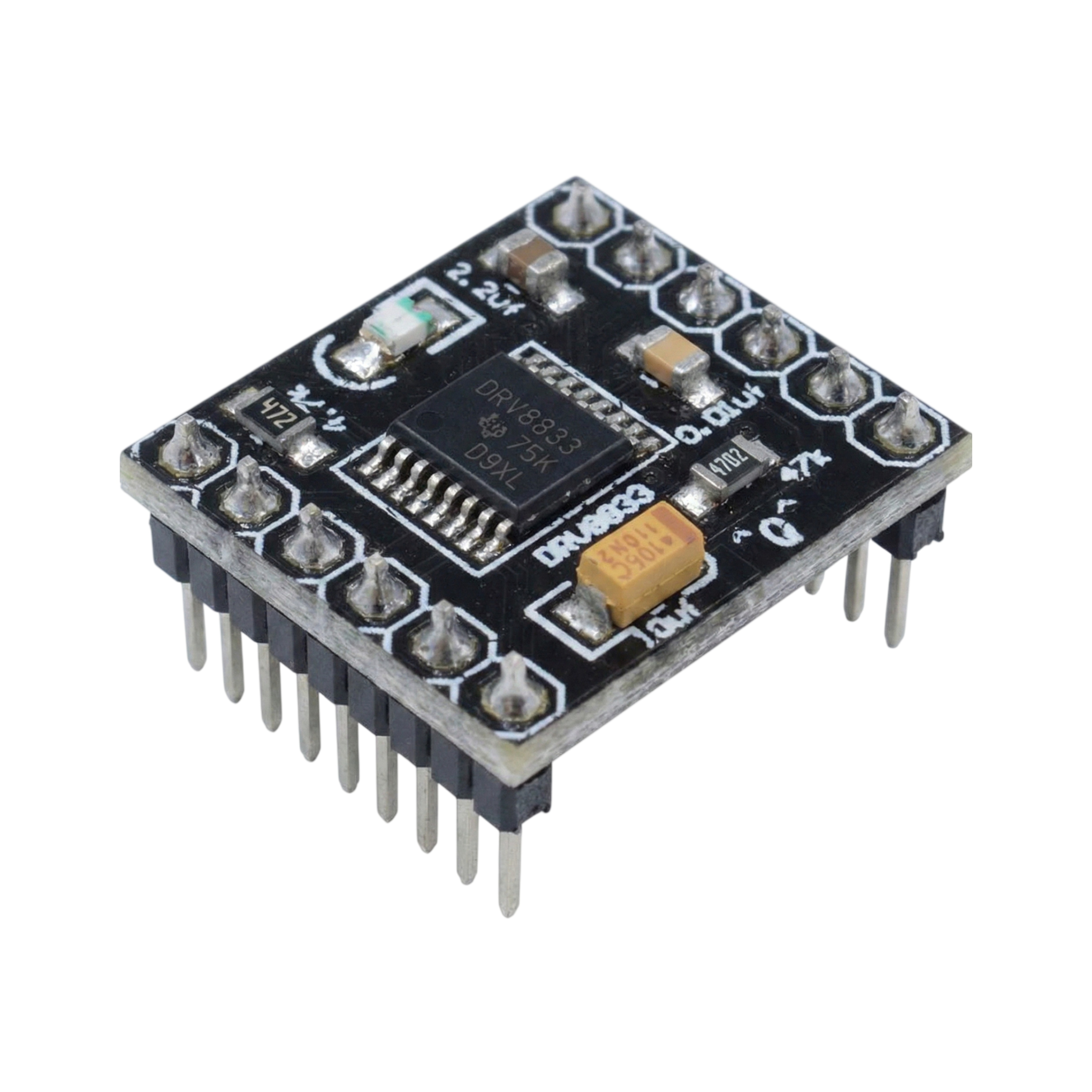 Compact DRV8833 driver board showing pin layout and connection interface