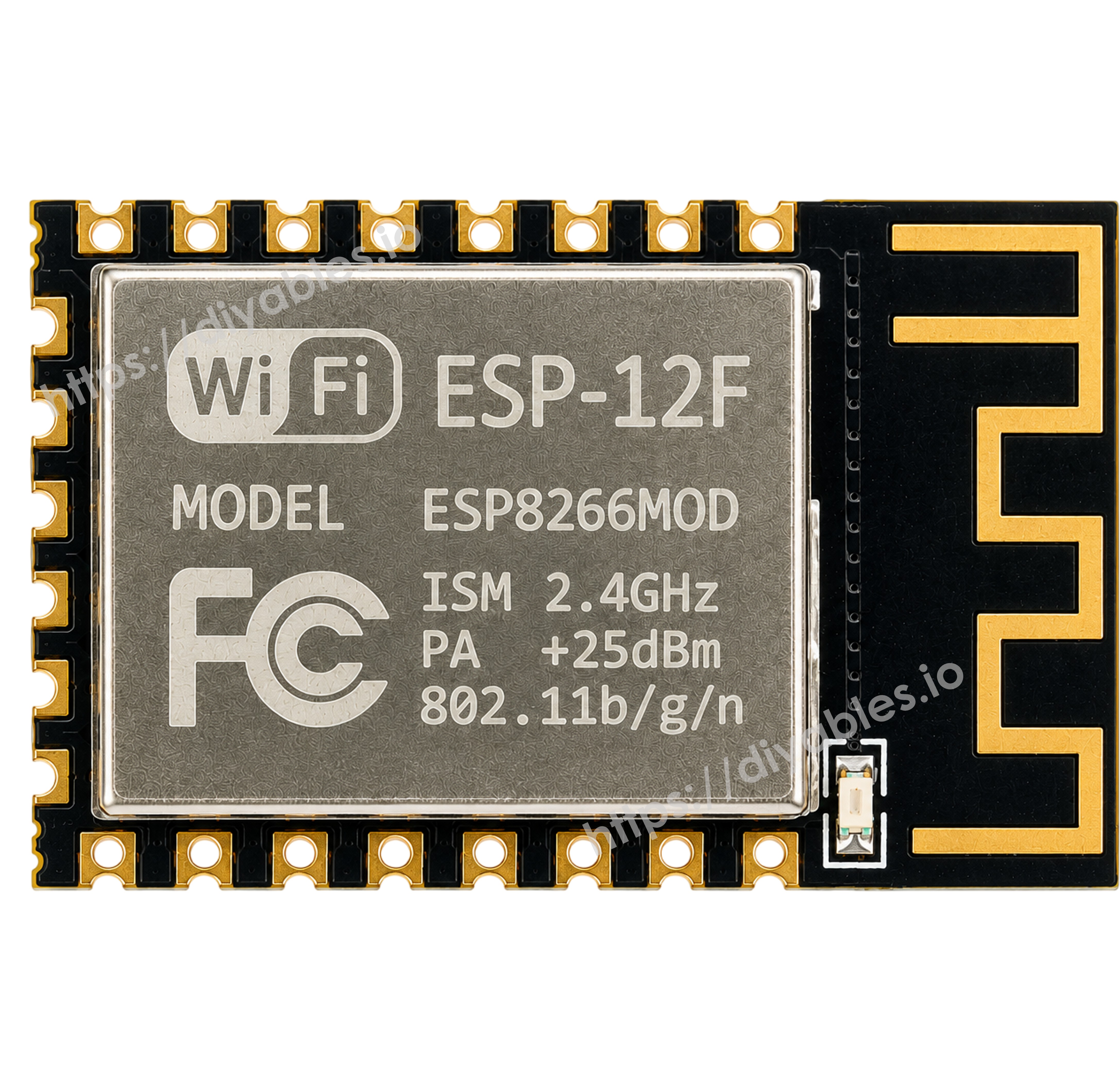DIYables ESP-12F ESP8266 WiFi SMD module top view showing FCC ISM 2.4GHz markings and castellated edge pads