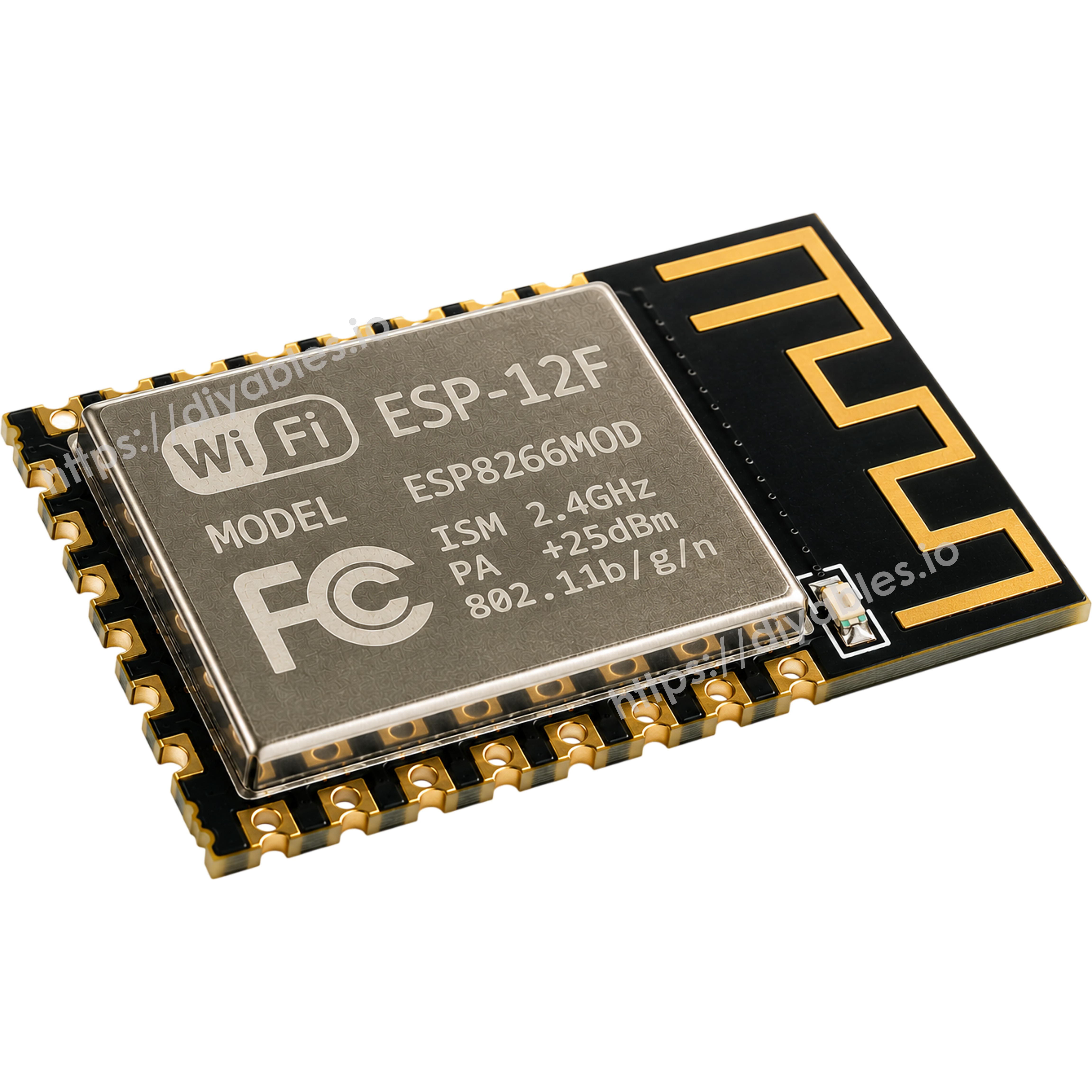 ESP-12F ESP8266 WiFi module angled view showing metal RF shield and PCB antenna trace
