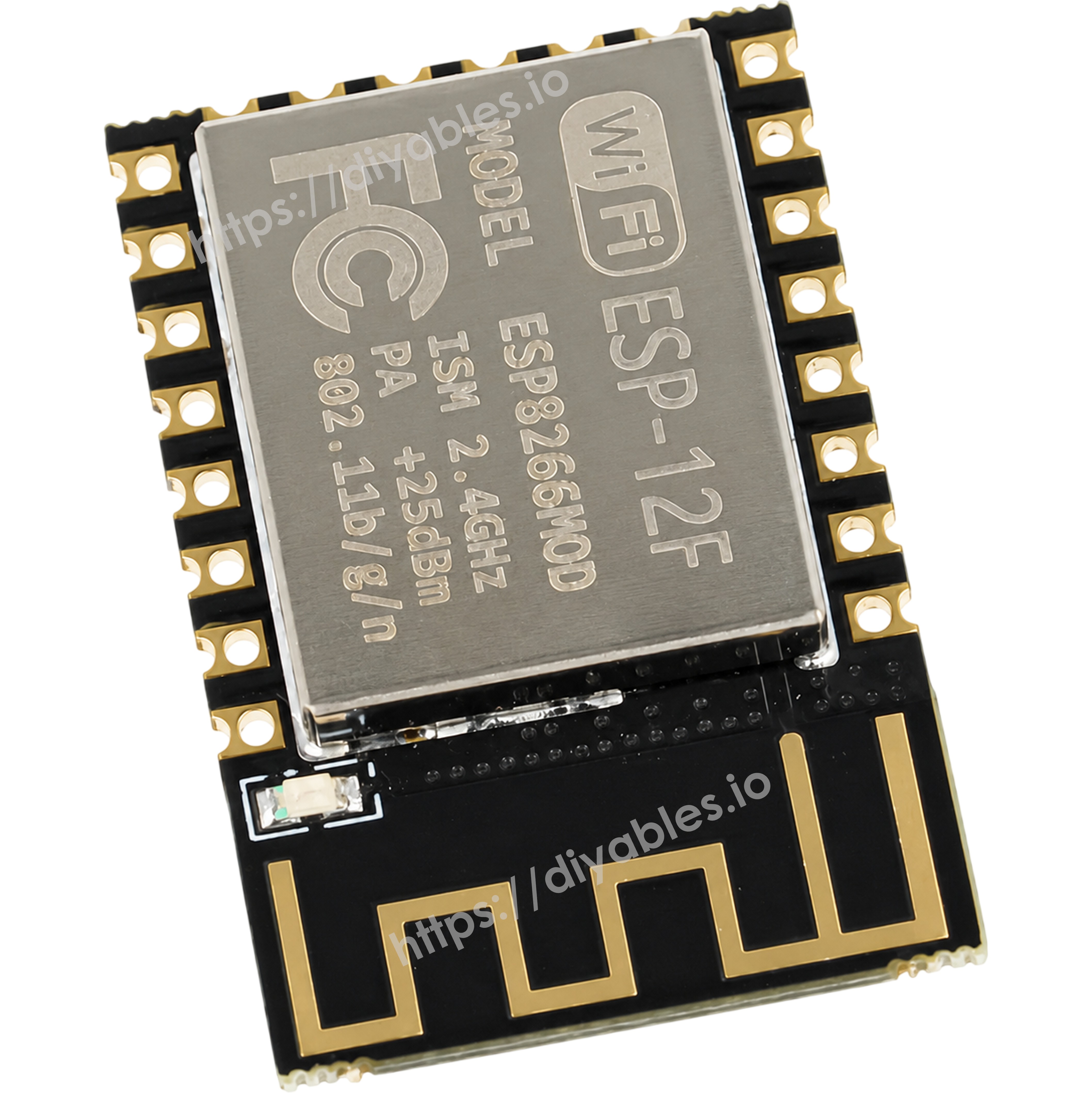 ESP-12F ESP8266 WiFi module bottom view showing PCB meander antenna and castellated edge pads