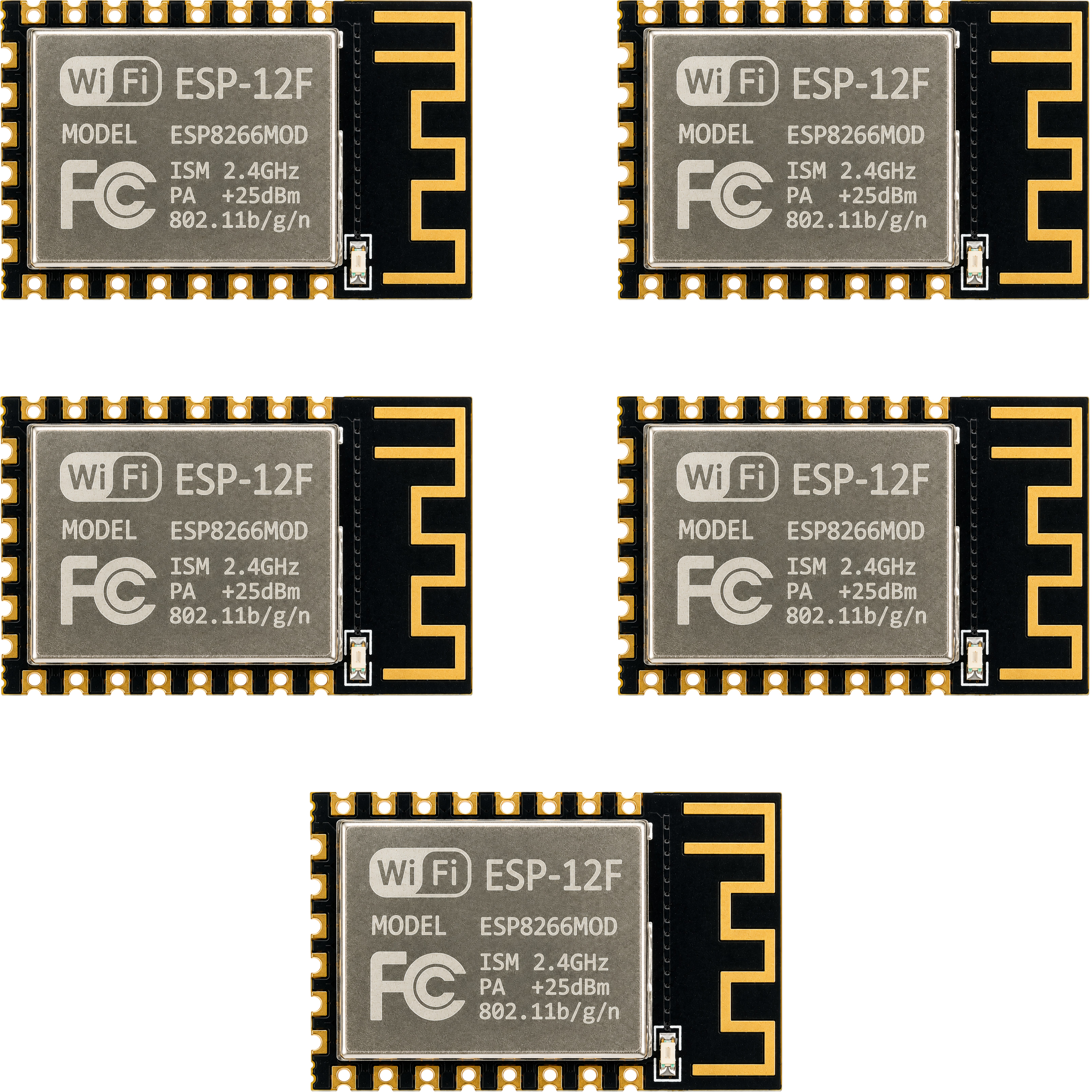 Five ESP-12F ESP8266 WiFi SMD modules included in the 5-pack set