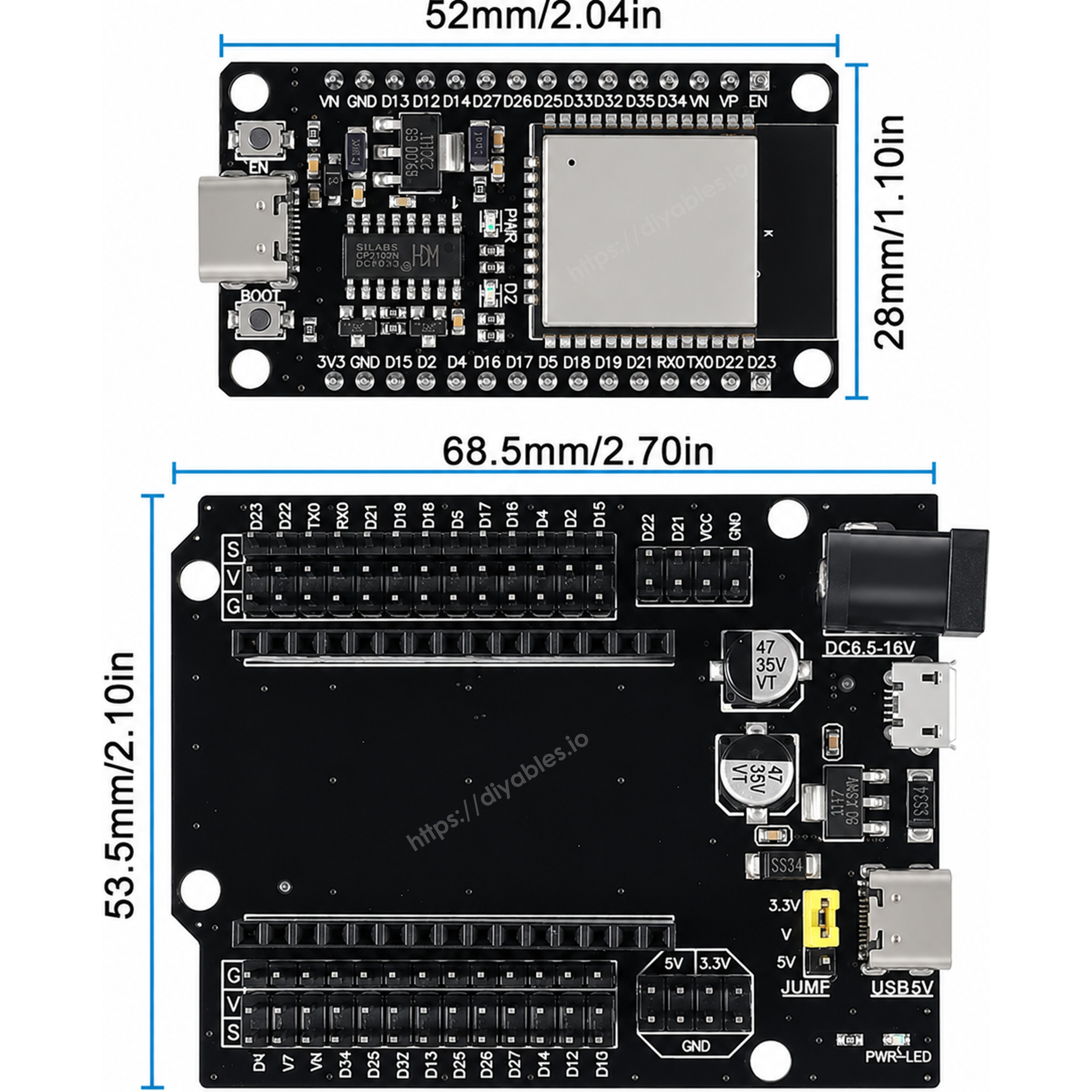 Dimensions diagram showing the ESP32 board at 52 by 28mm and the shield at 68.5 by 53.5mm