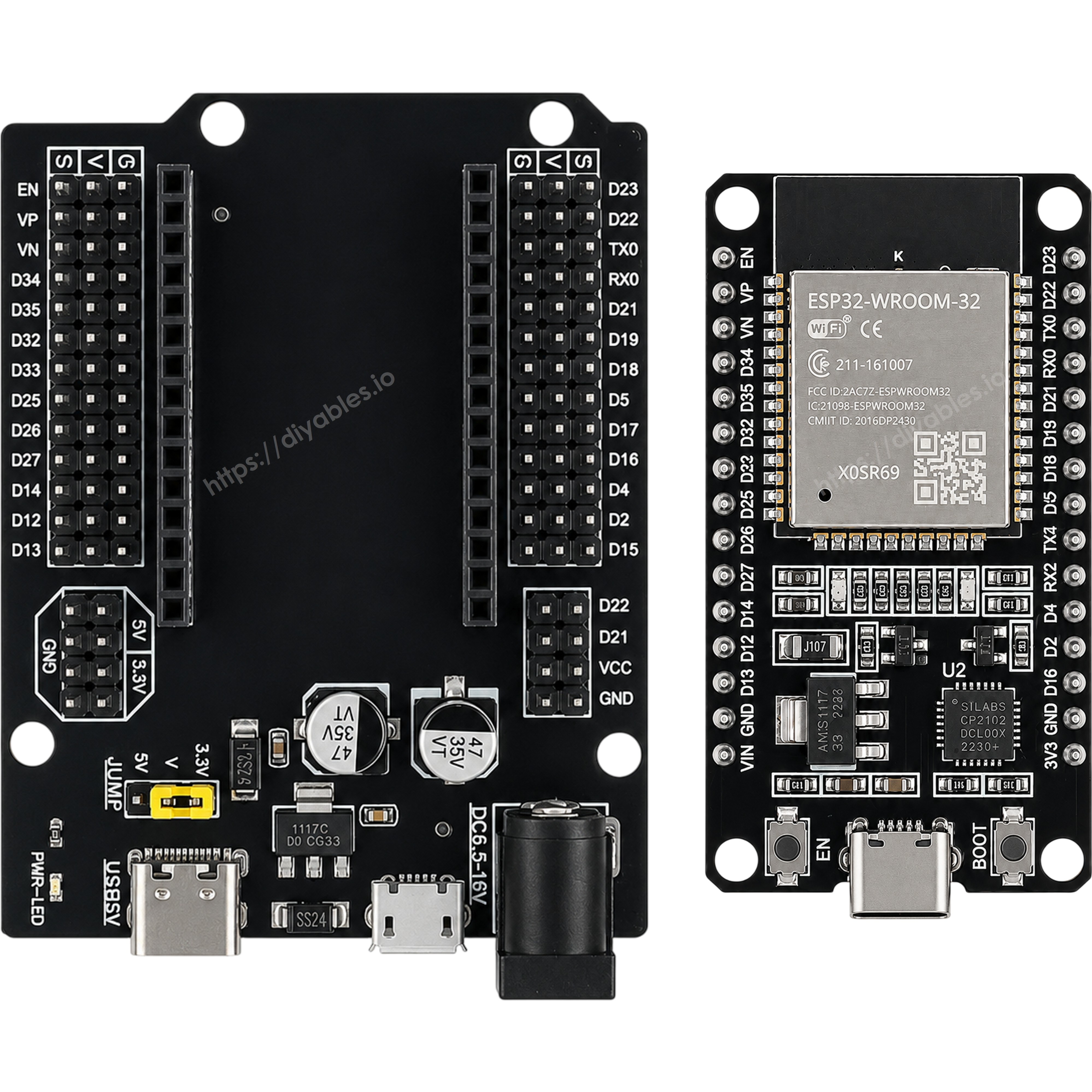 Top view of the GVS breakout expansion shield and ESP32 30 pin board with all pin labels visible