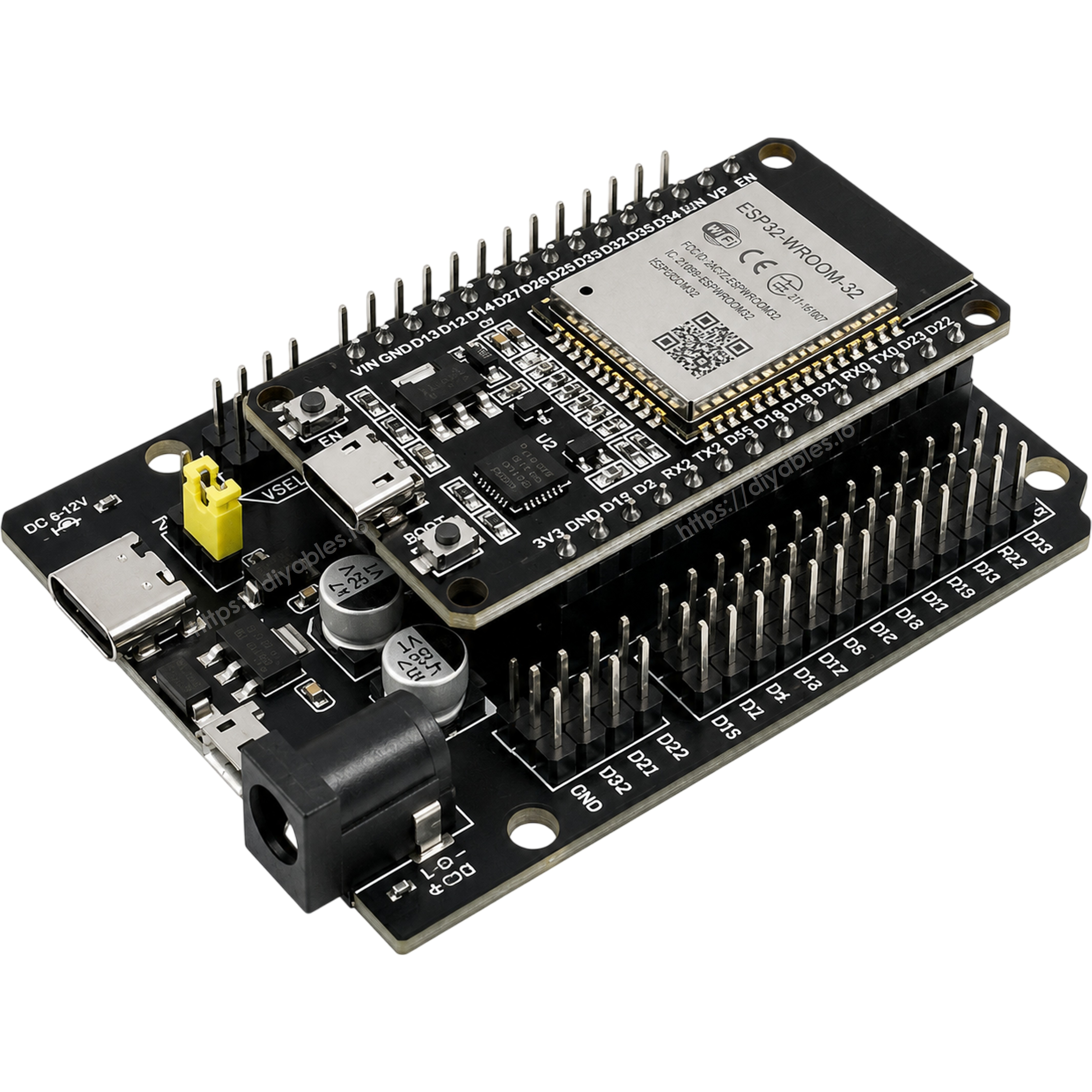 ESP32 30 pin board plugged into the GVS breakout expansion shield as a complete assembled set