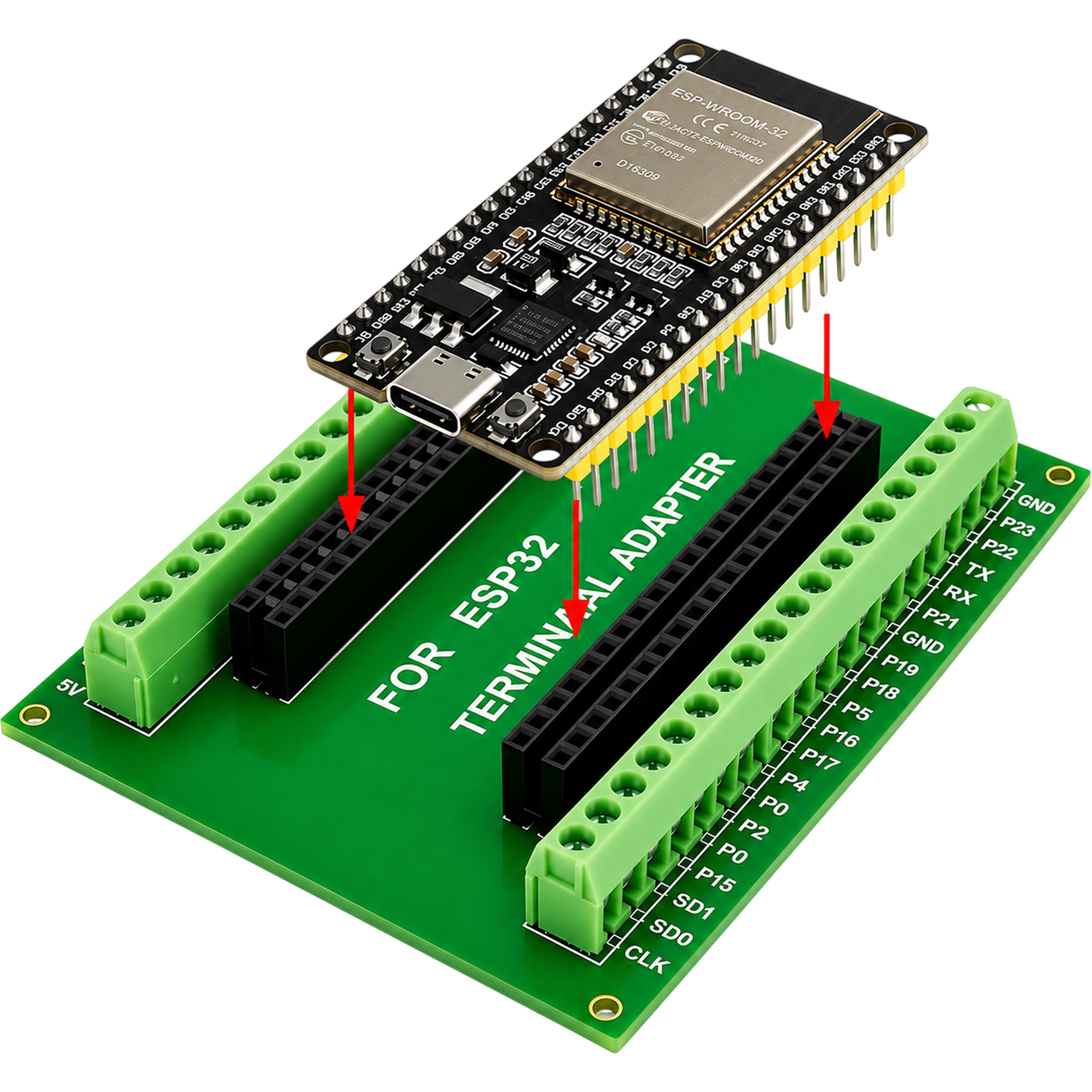 ESP32 board being inserted into the screw terminal breakout board showing pin header alignment with arrows