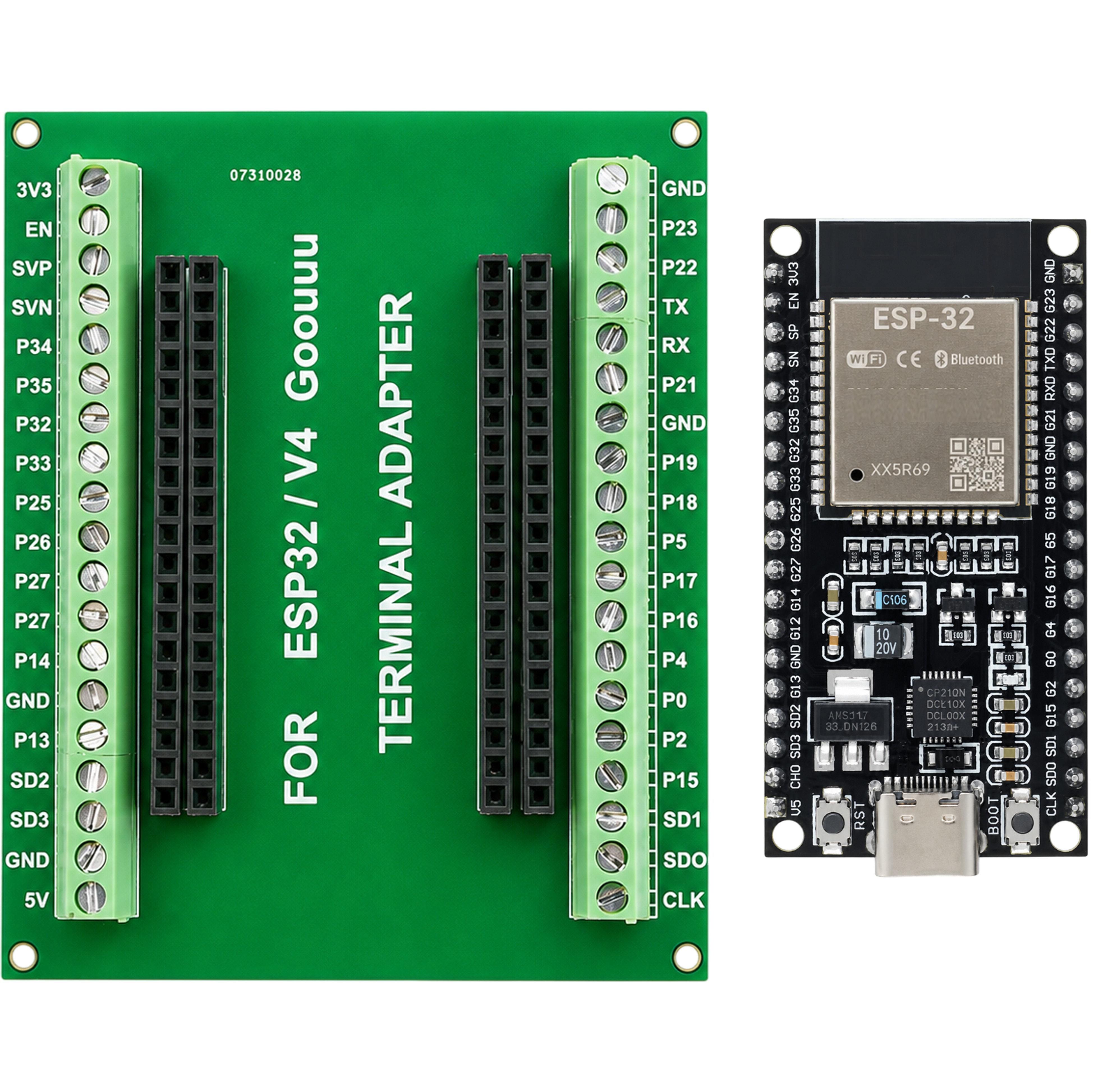 Screw terminal breakout board and ESP32 board shown separately side by side before assembly