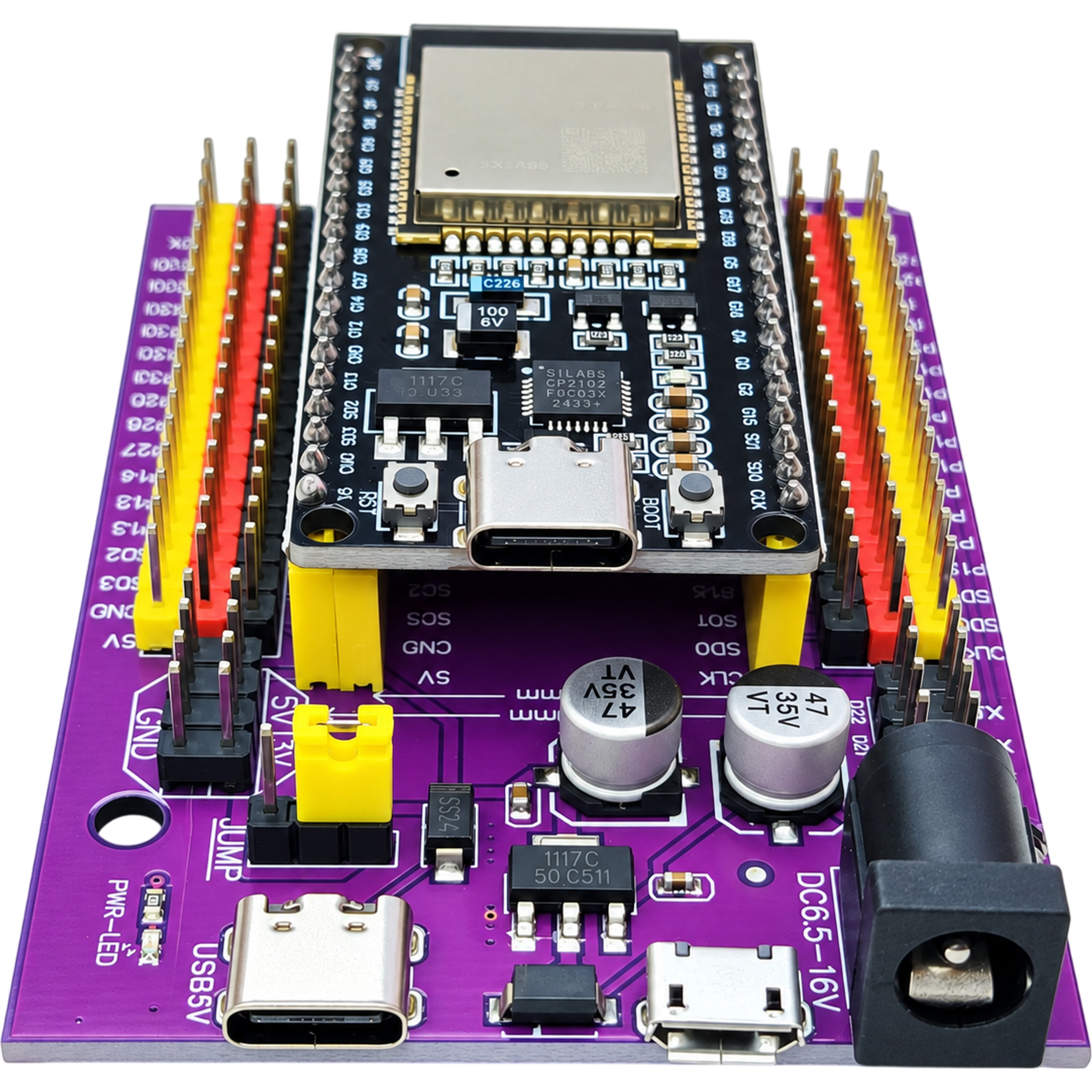 ESP32 38 pin wide board seated in the expansion board showing CP2102 and USB Type-C