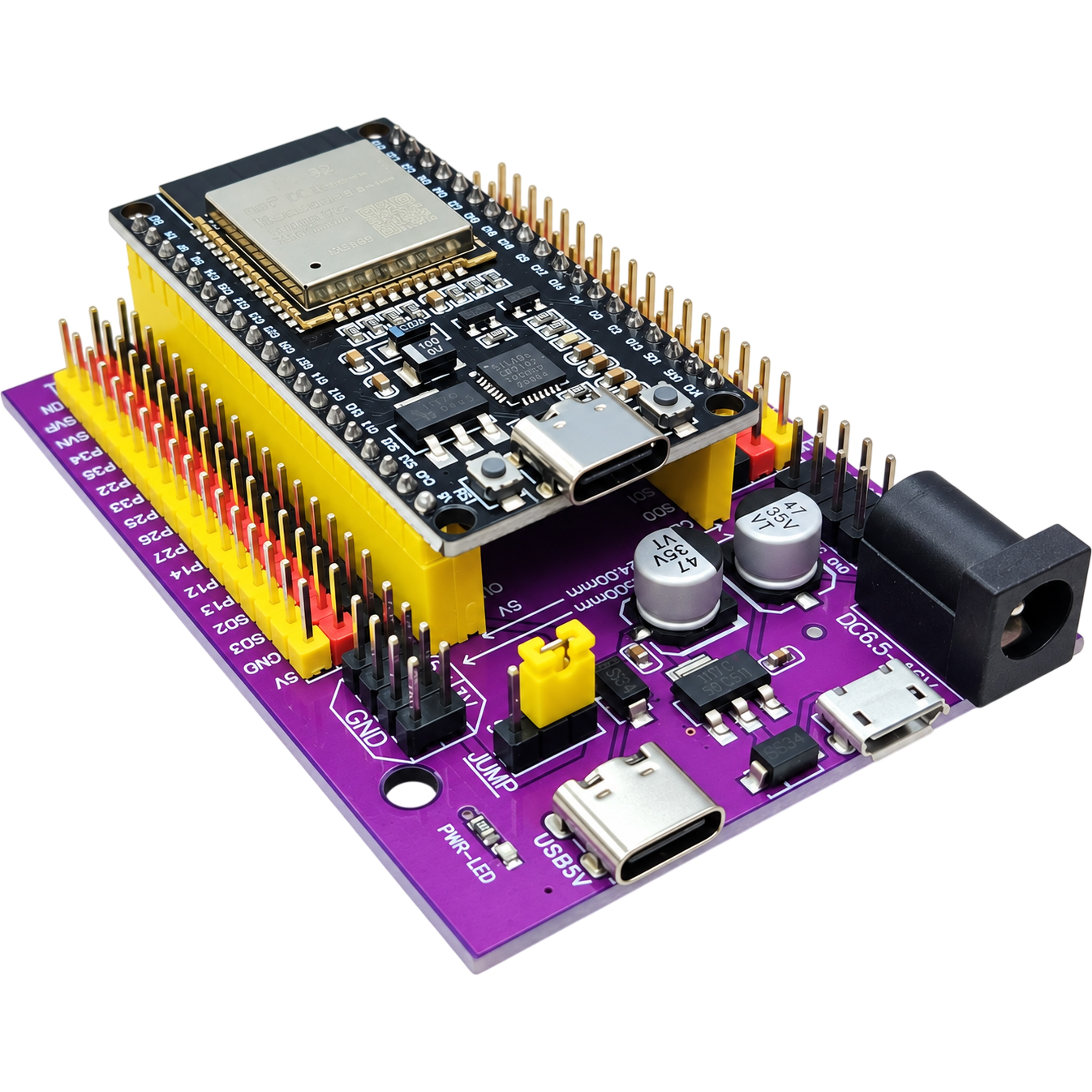 Angled view of the assembled combo with DC barrel jack, Micro USB and Type-C inputs