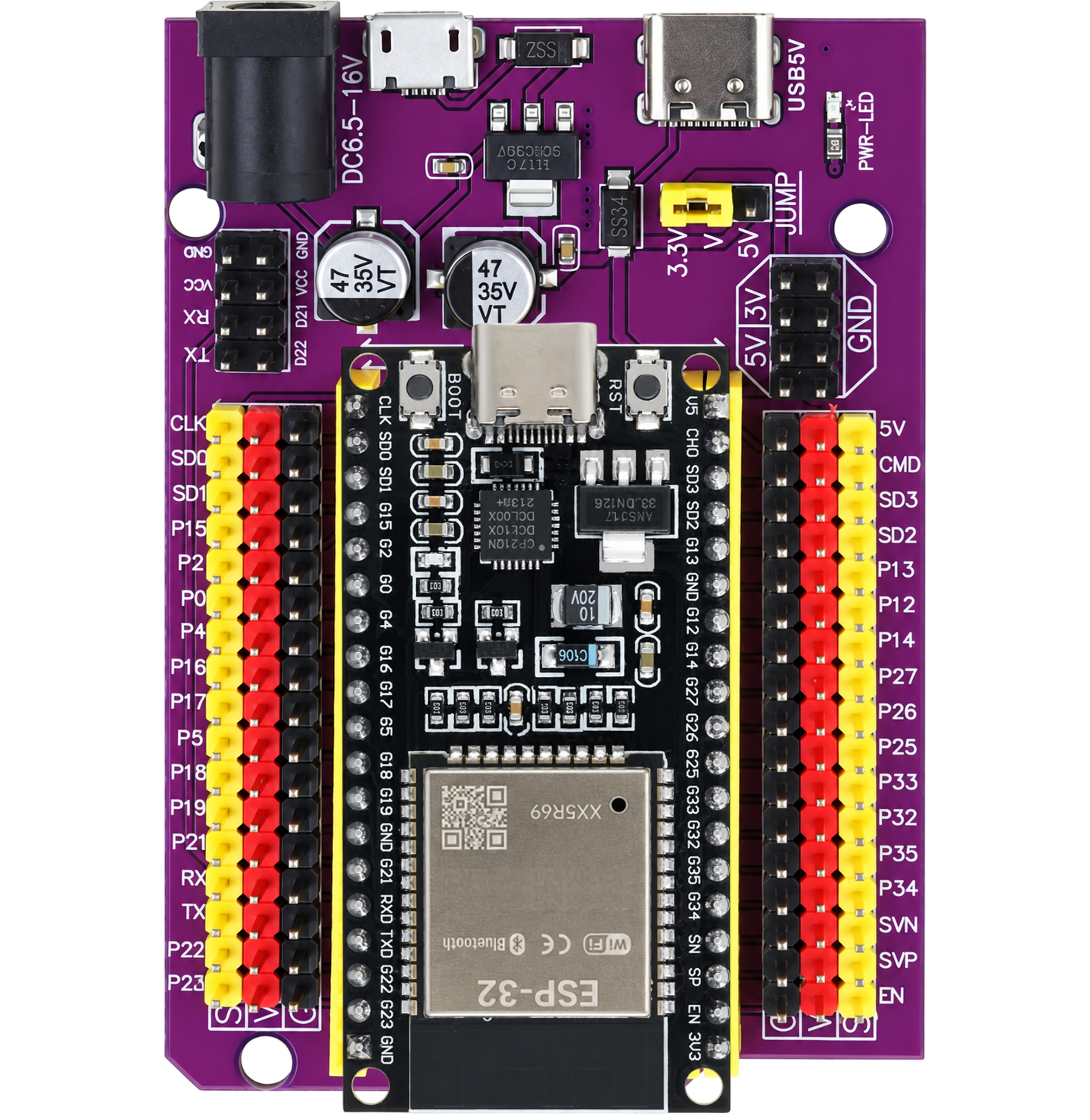Top view of the combo showing every pin broken out to triple signal power ground rows