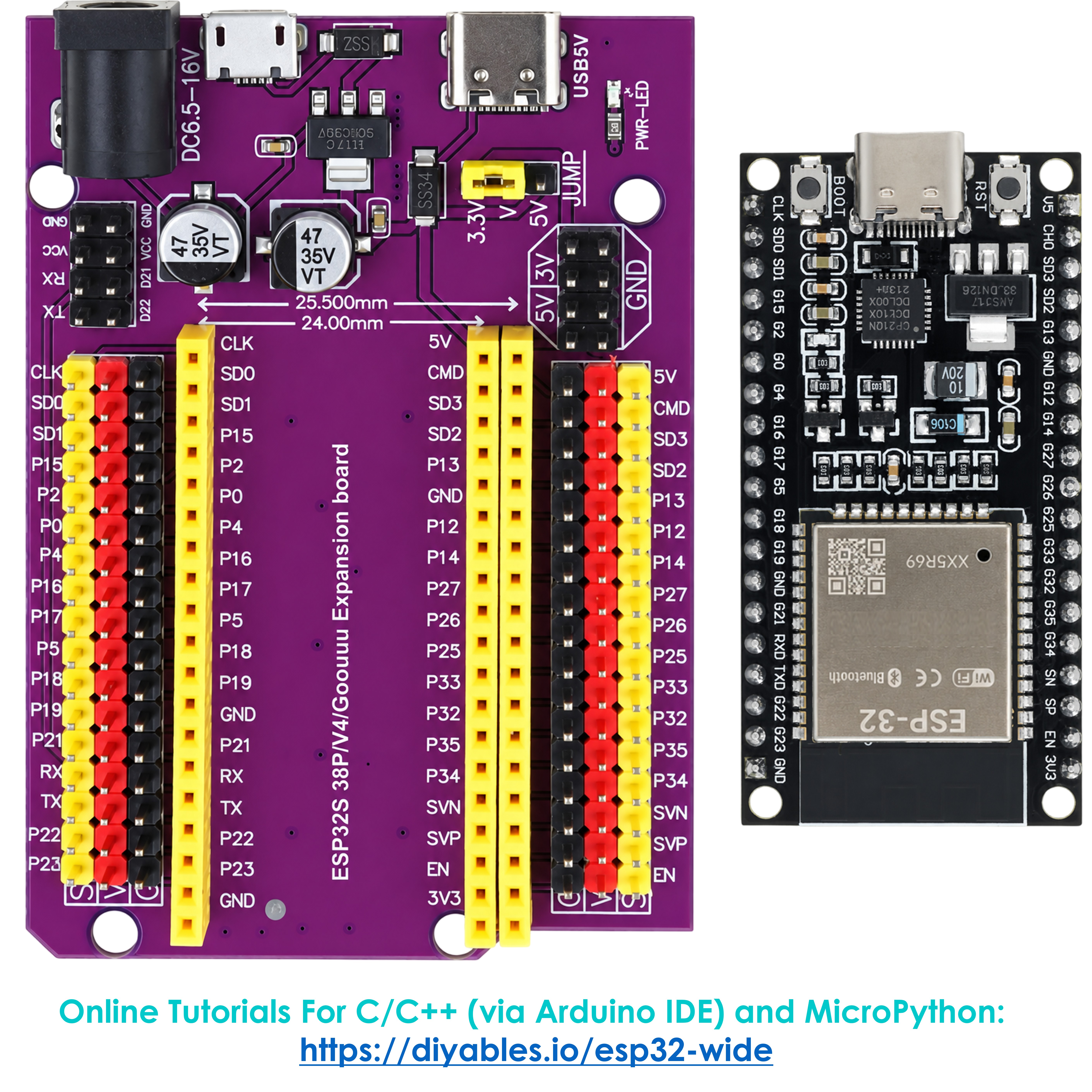 Expansion board and ESP32 dev board shown separately with the online tutorial link