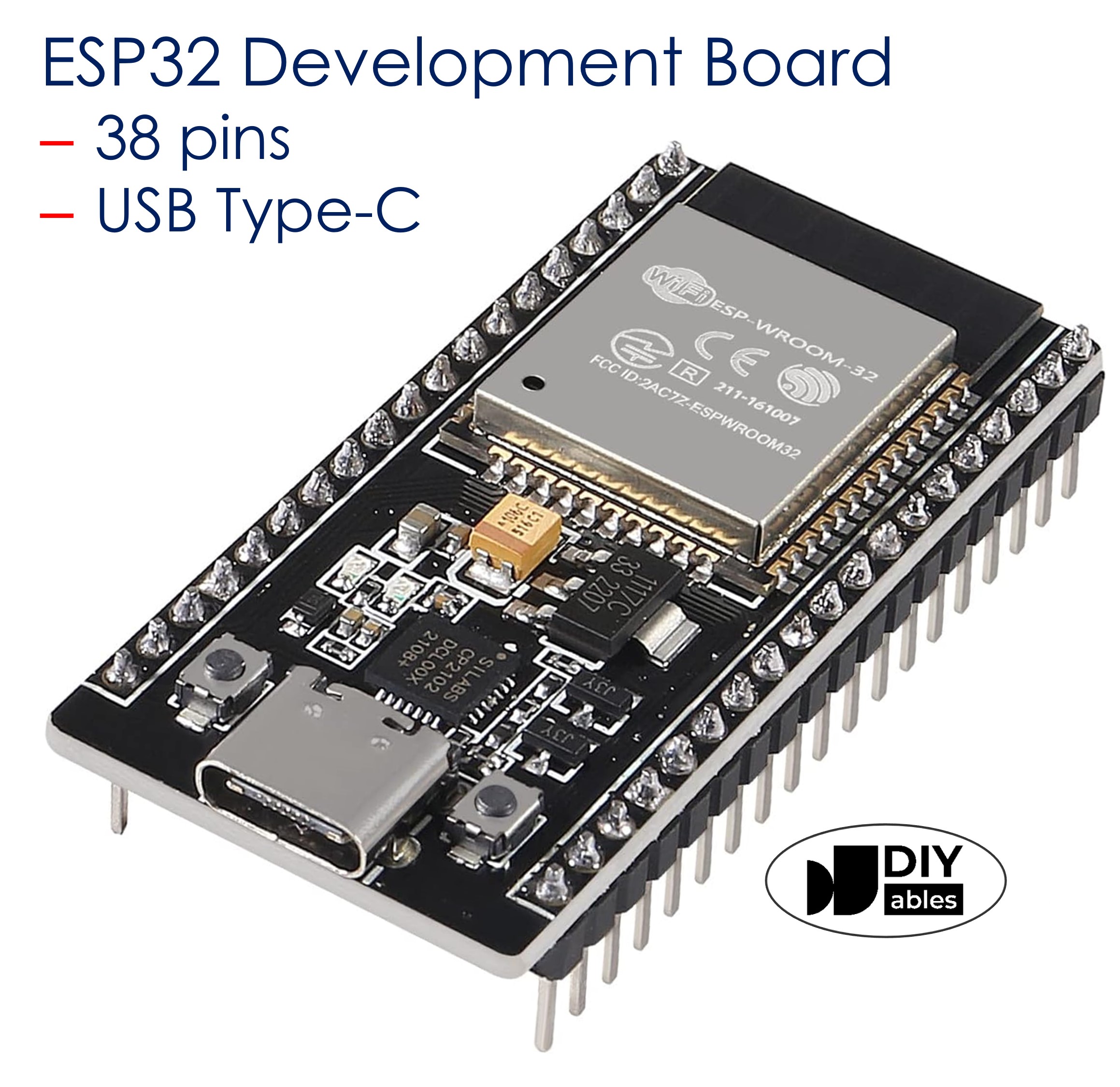 38-Pin ESP32S ESP-WROOM-32 WiFi and Bluetooth Development Board with USB Type-C and CP2102, Dual-Core ESP32 Microcontroller for IoT Projects, Compatible with Arduino IDE