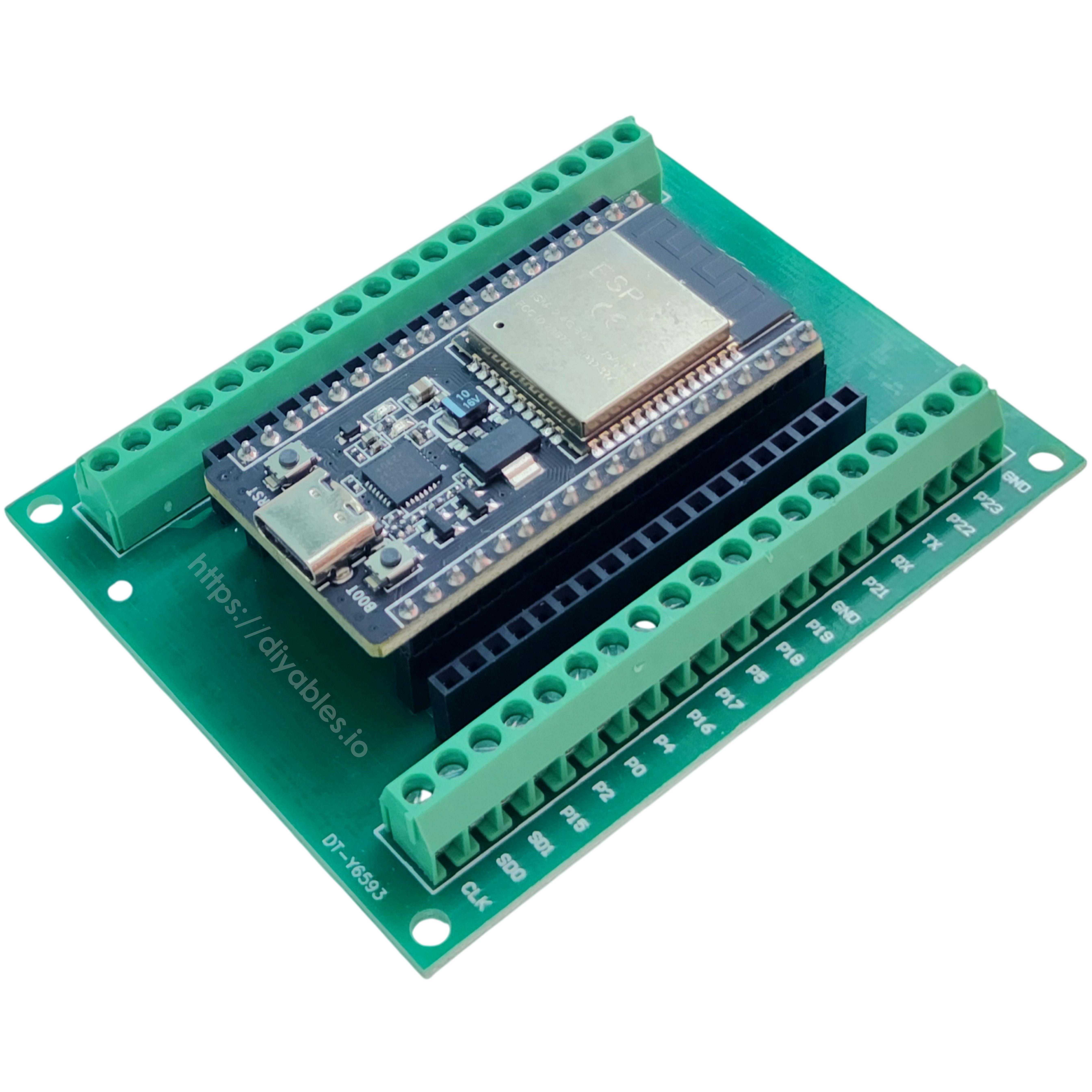 ESP32S ESP-WROOM-32 board on the terminal adapter showing USB Type-C port and RST BOOT buttons