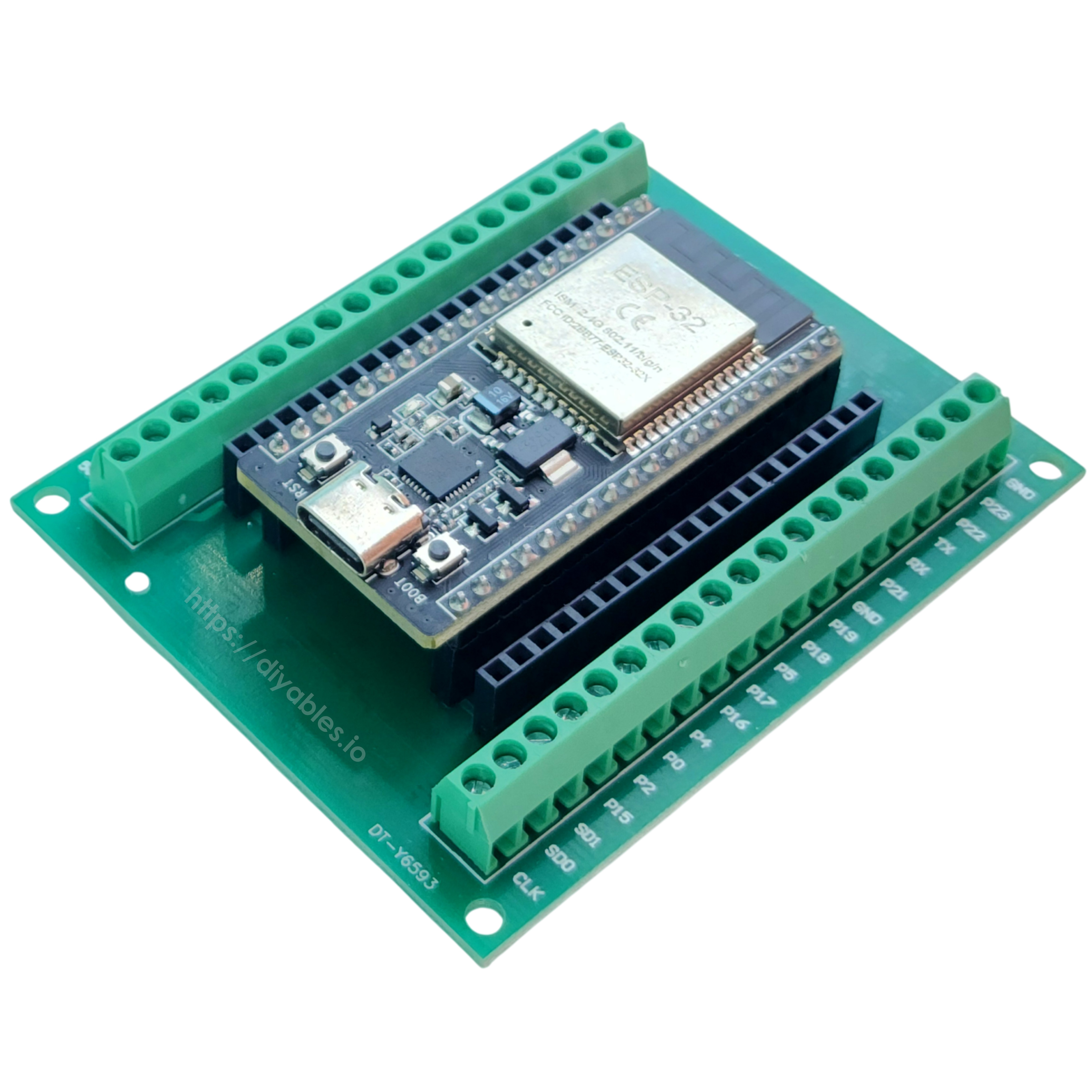 Angled view of the assembled set with every GPIO broken out to labeled screw terminals