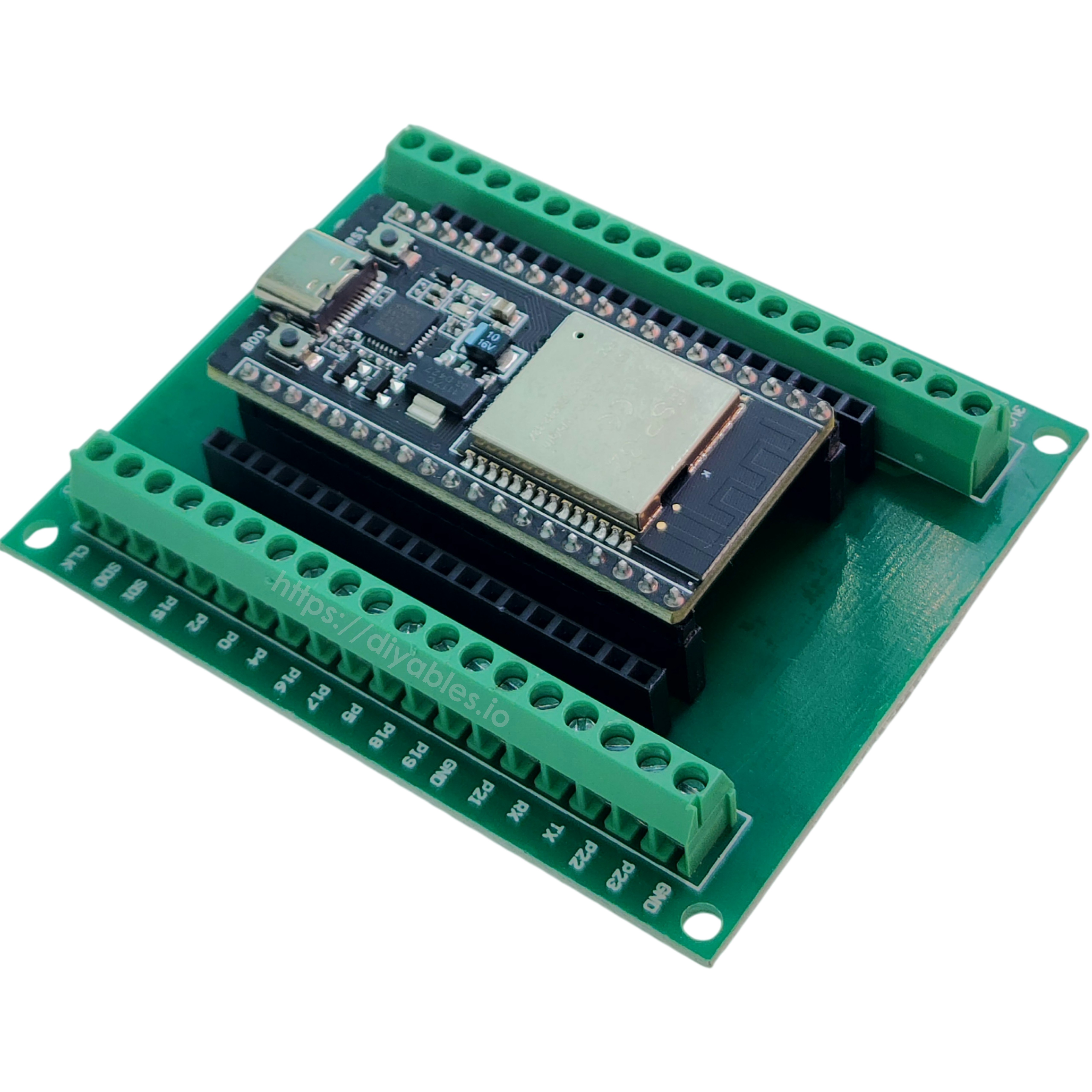 Top down view of the ESP32 combo showing both screw terminal rows and the female headers