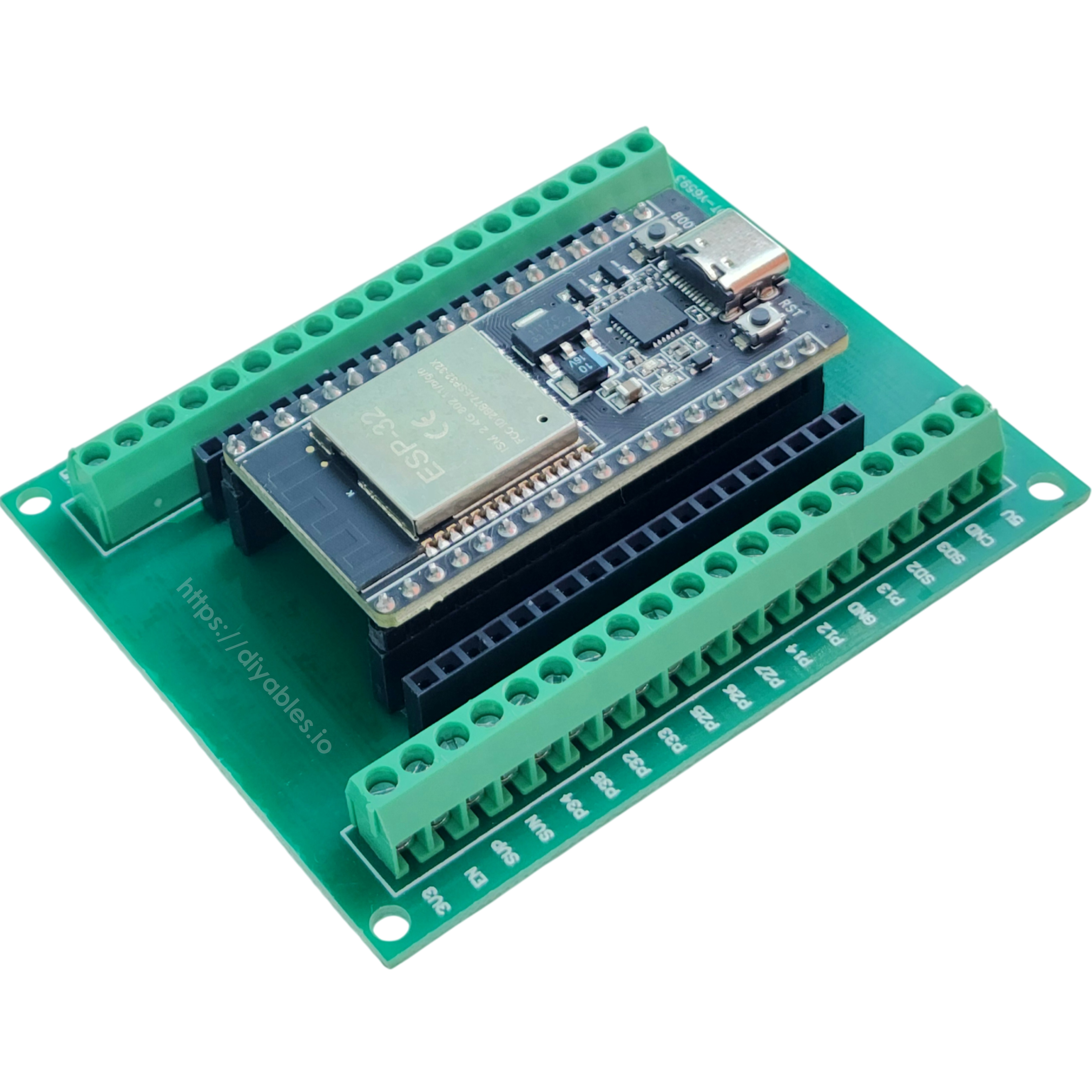 ESP32 screw terminal board with pin names silkscreened beside each terminal position