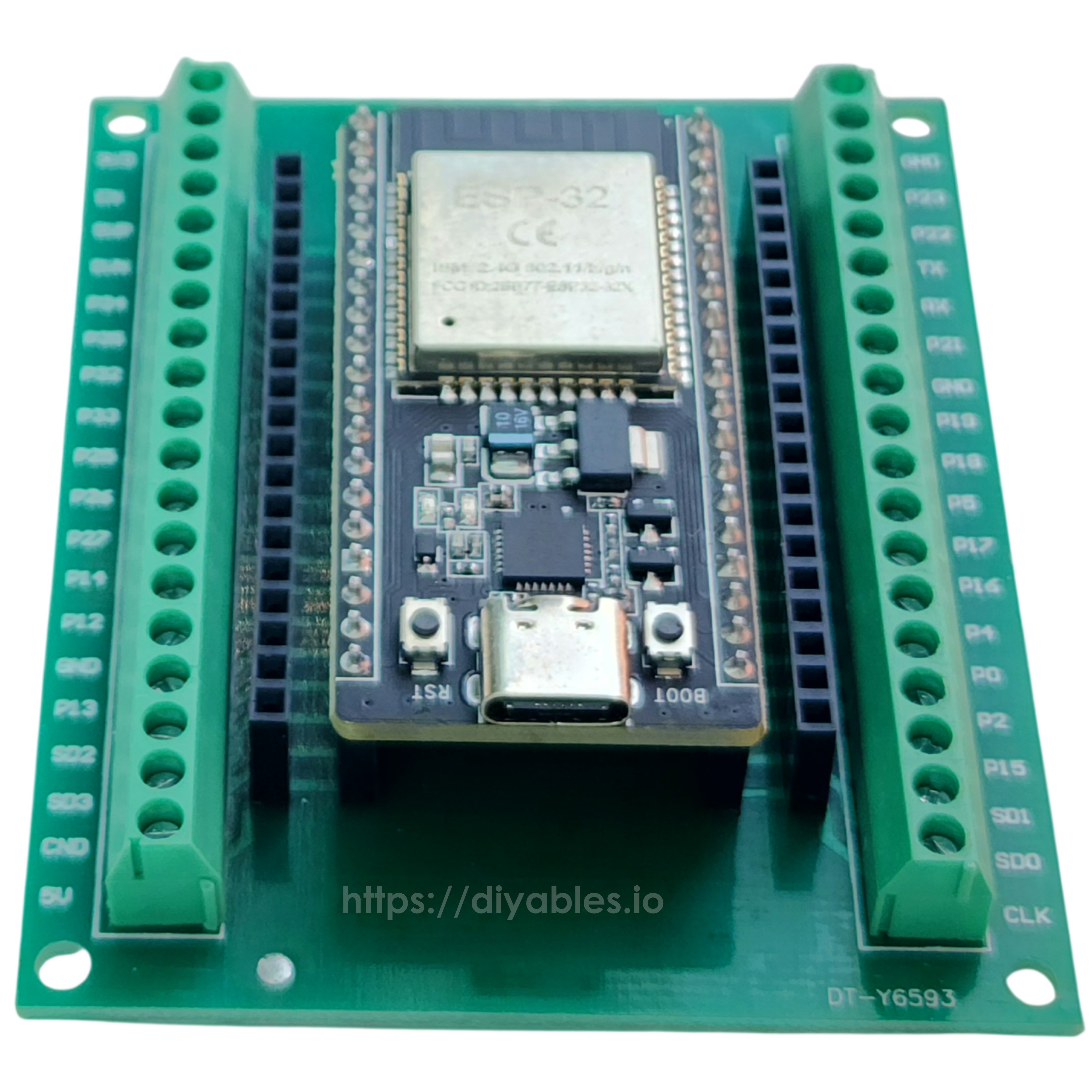 Front view of the ESP32 38 pin board mounted on the expansion board with terminals either side