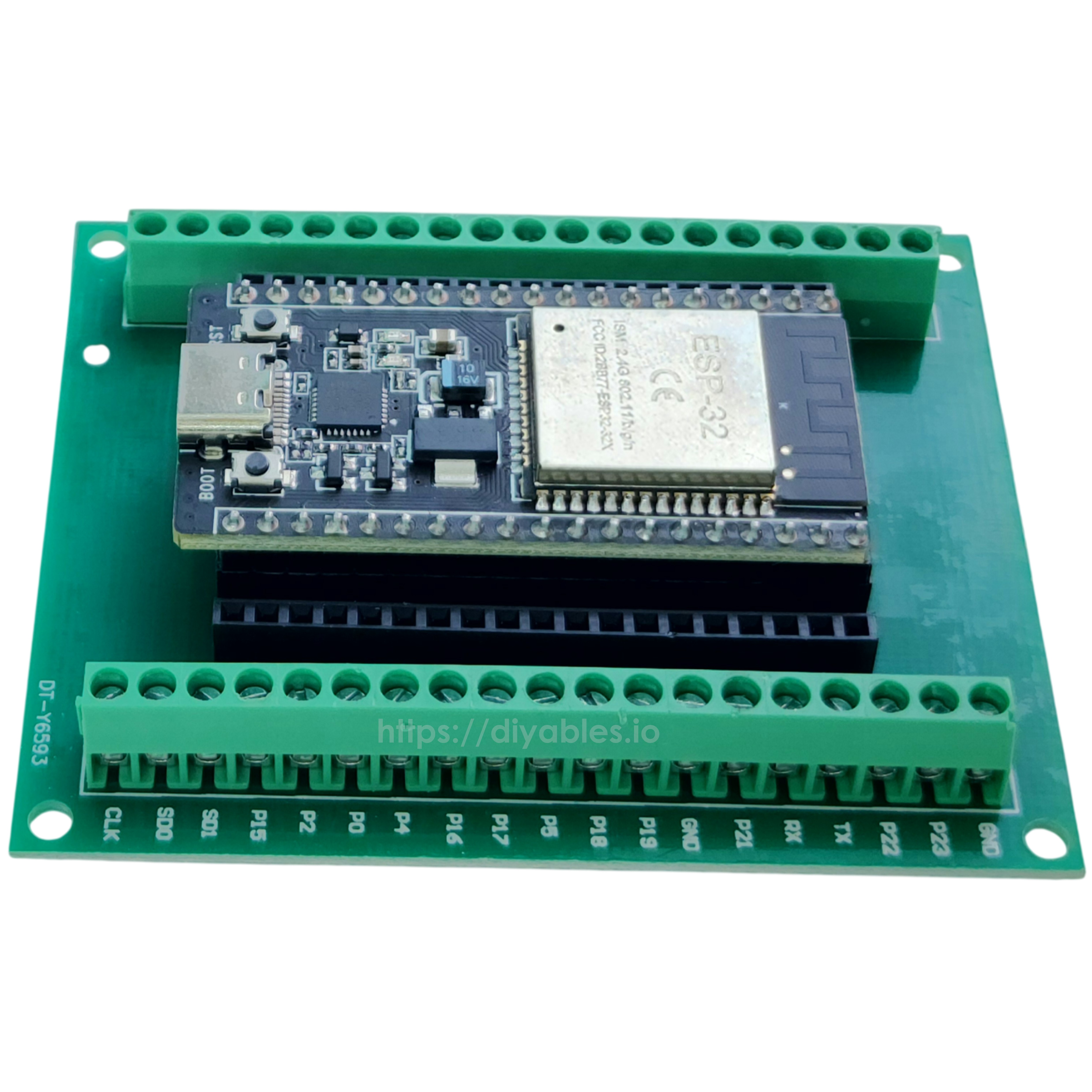 ESP32 development board and screw terminal expansion board shown as a complete assembled set