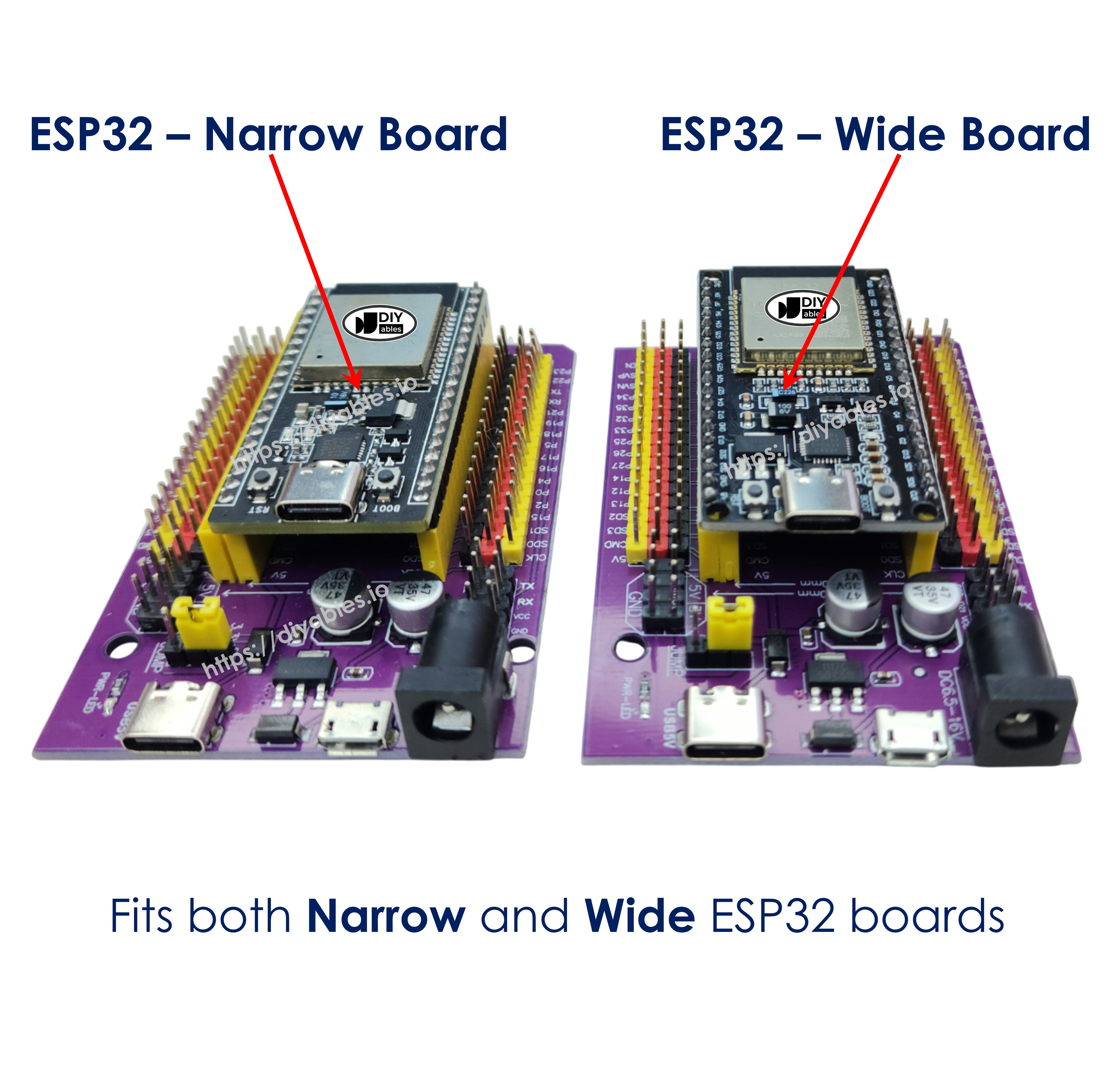 ESP32 breakout board fits both narrow and wide boards