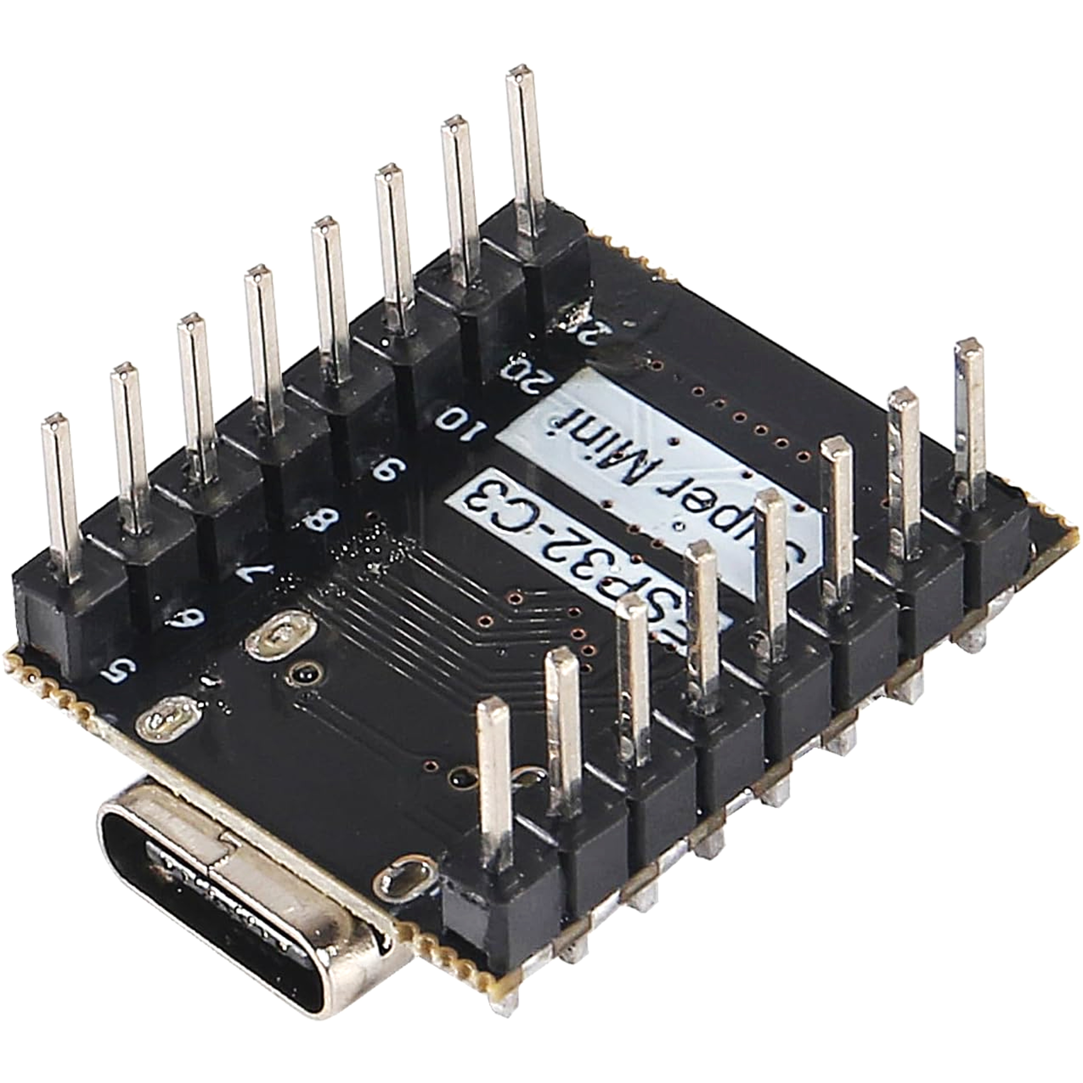ESP32-C3 SuperMini board top view showing presoldered headers and USB-C port for IoT projects