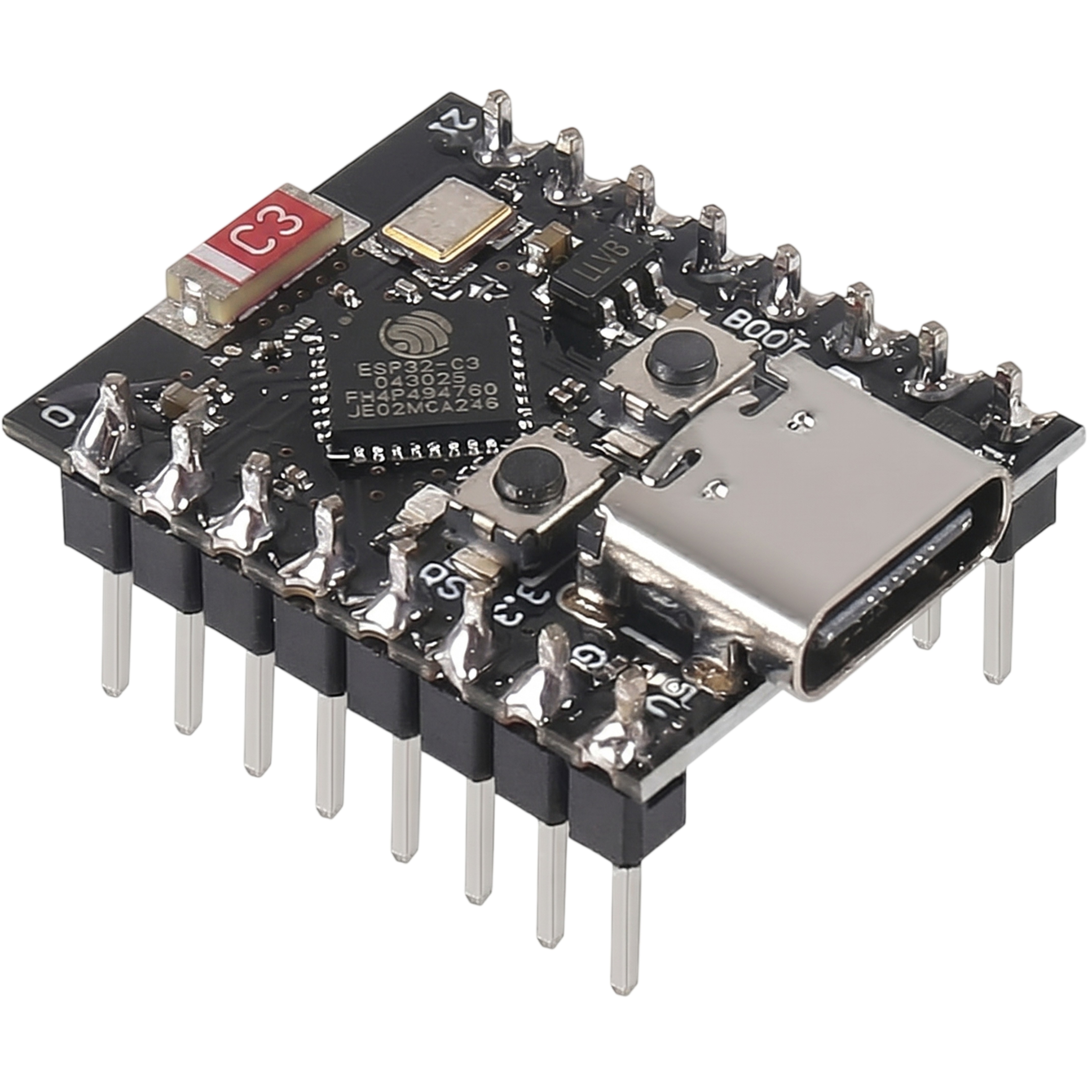ESP32-C3 SuperMini pinout diagram showing 11 GPIO 4 ADC UART I2C SPI pin assignments