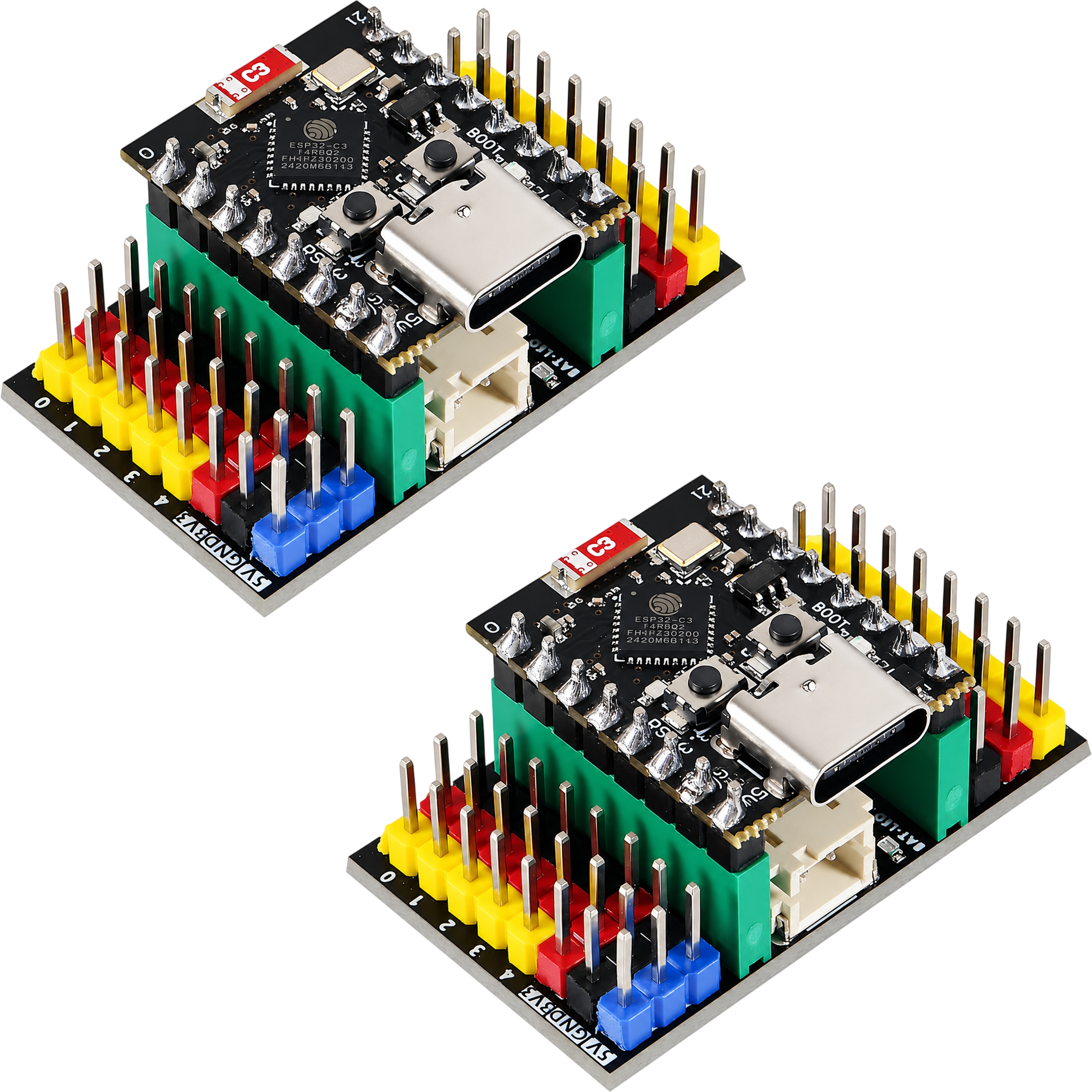 Two ESP32-C3 SuperMini dev boards mounted on their expansion boards, the complete 2 set combo